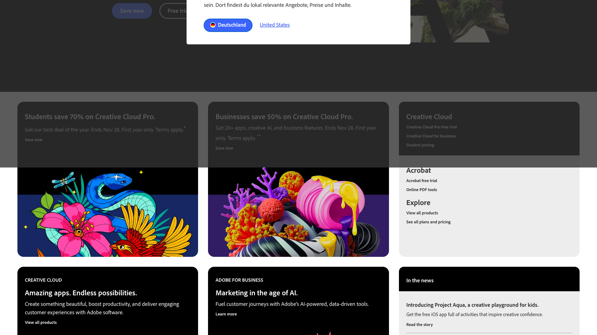 Creative Cloud section highlighting design and editing tools
