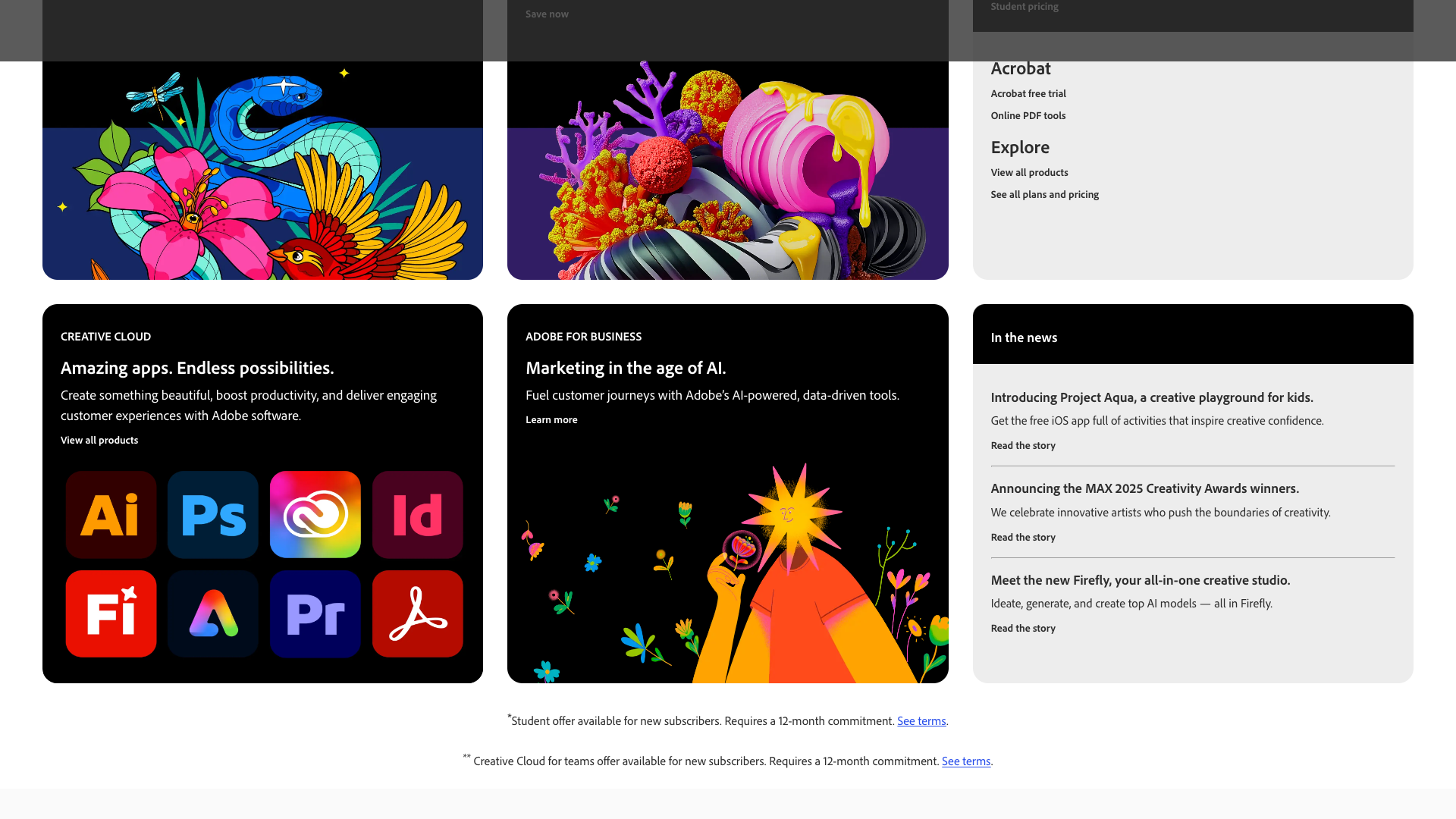 Overview of Adobe products available in Creative Cloud, Document Cloud, and Experience Cloud