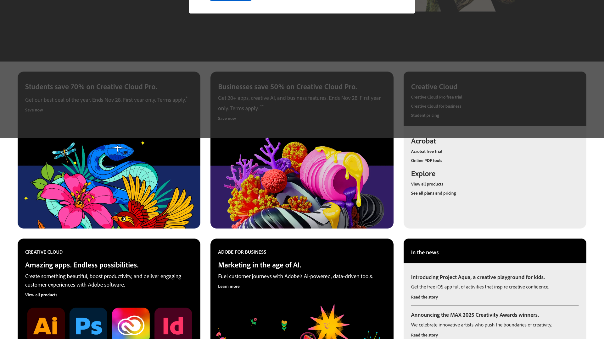 Products section on Adobe homepage showcasing Creative Cloud, Document Cloud, Experience Cloud, and Firefly AI