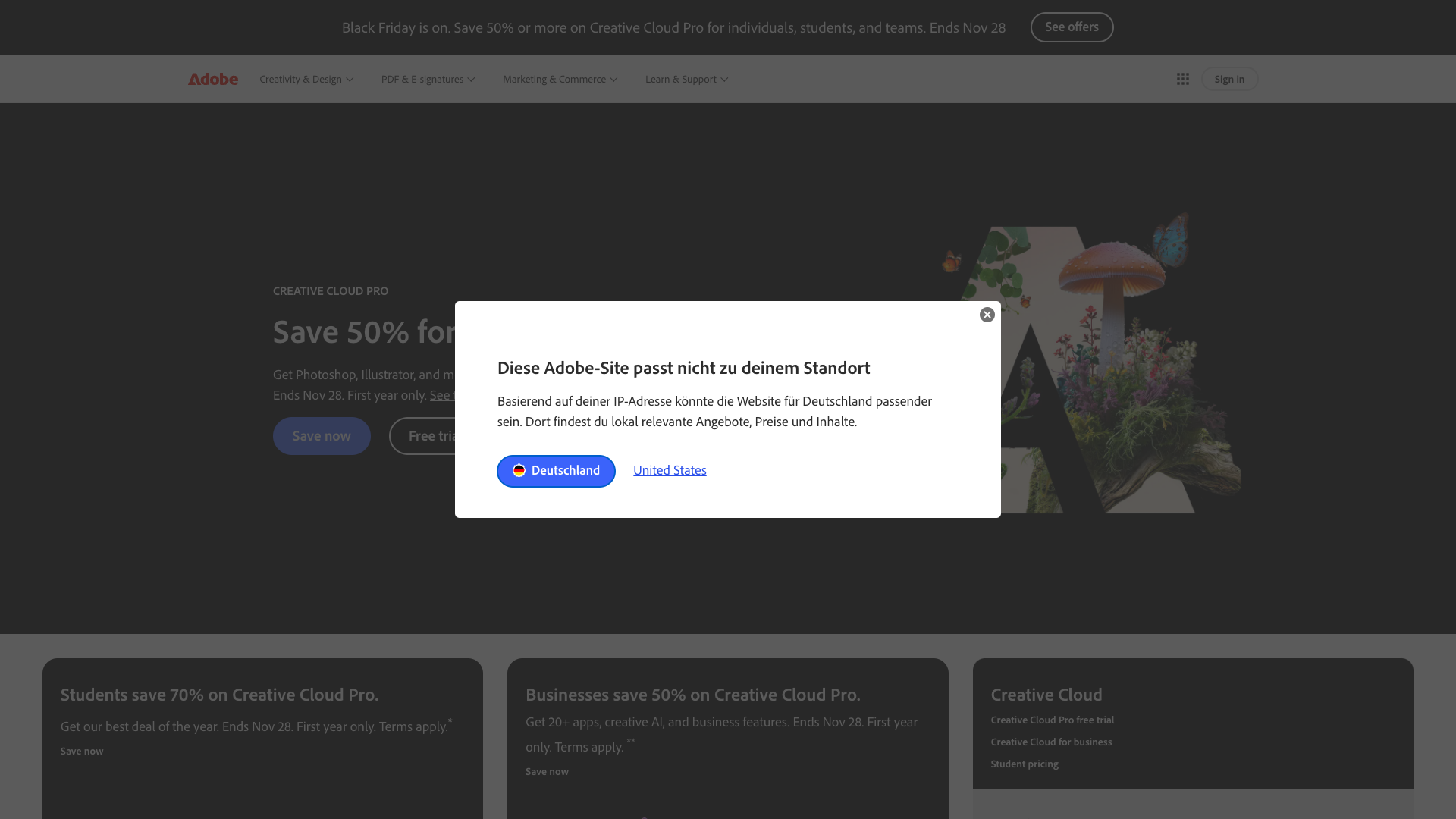 Pricing section on Adobe homepage