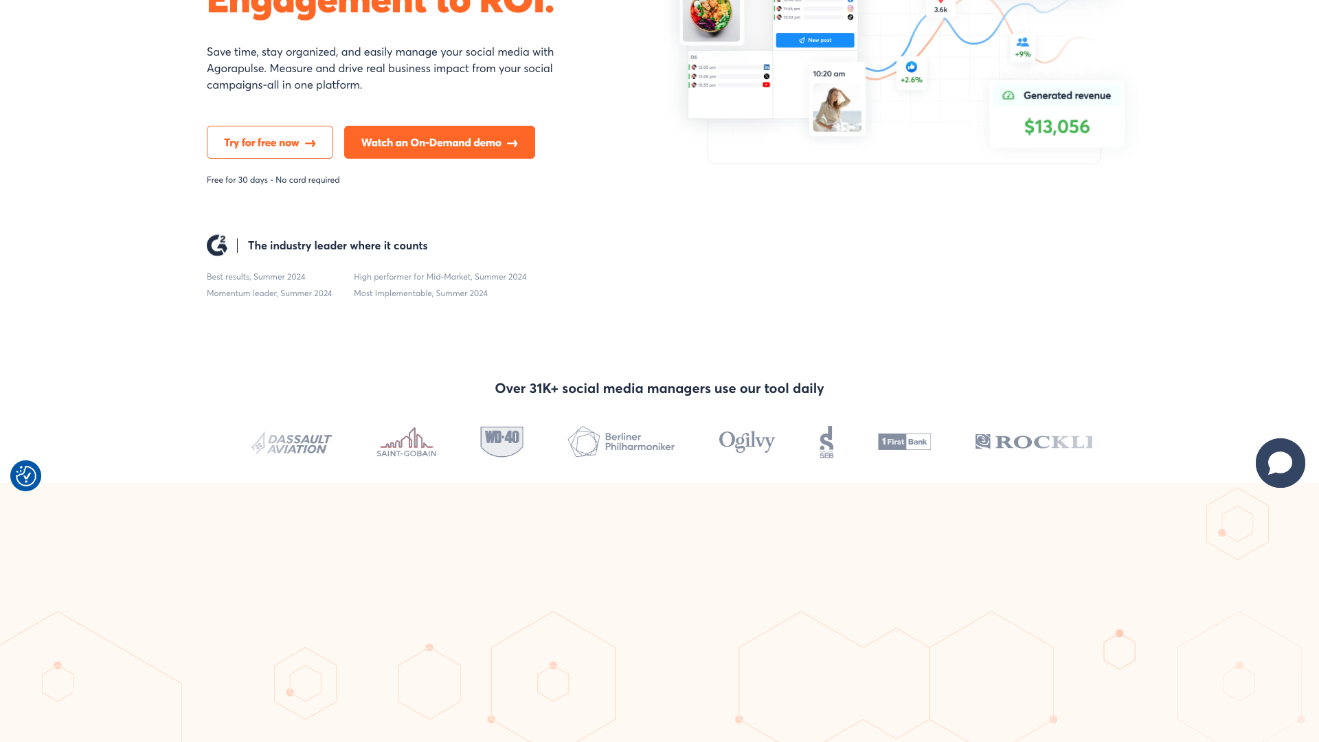 Social proof section highlighting over 31,000 social media managers and 3,000 agencies