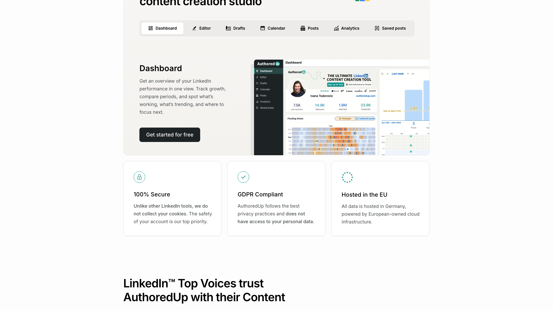 Features section on homepage showcasing editor and capabilities