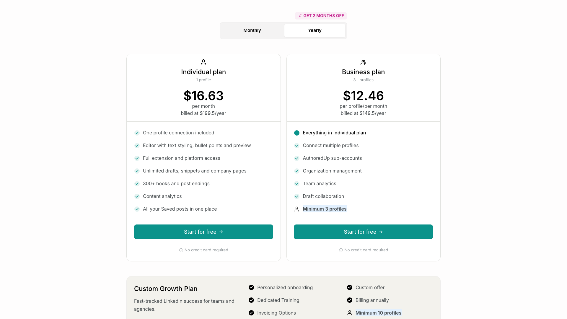 Pricing page showing subscription plans for AuthoredUp