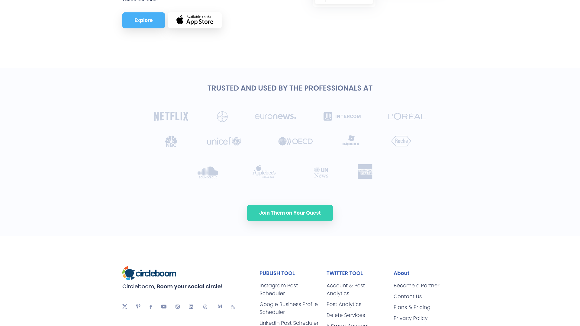 Footer section on Circleboom homepage listing capabilities