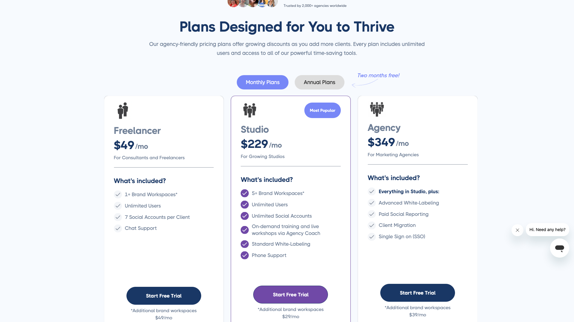 Pricing plans for Freelancer, Studio, and Agency