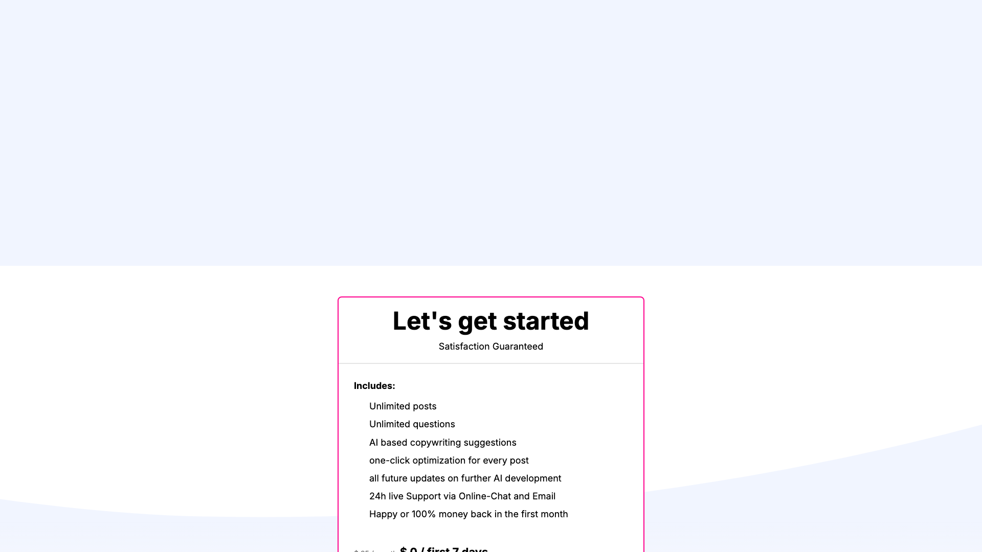 Pricing section on homepage