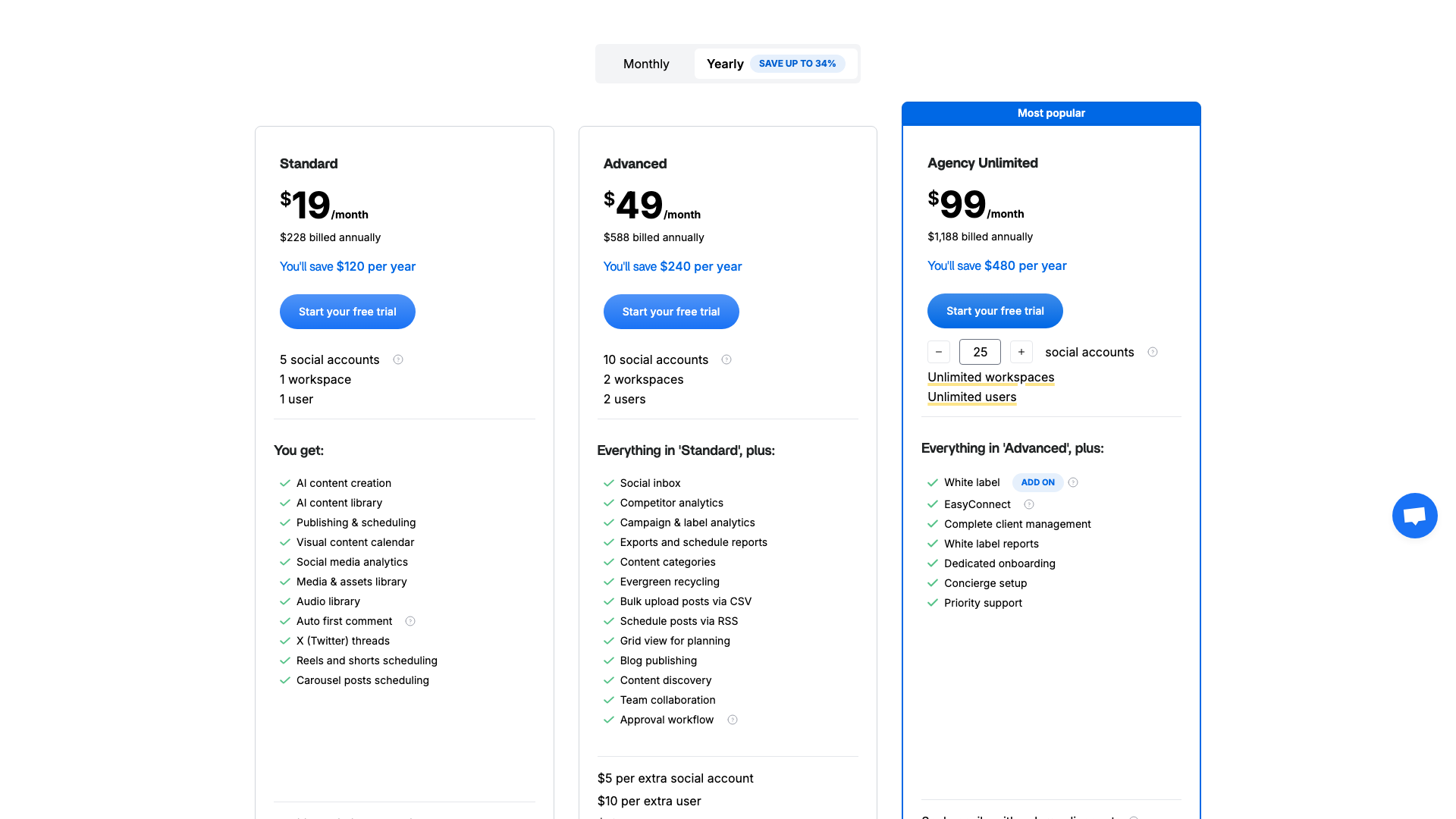 Pricing table showing plans