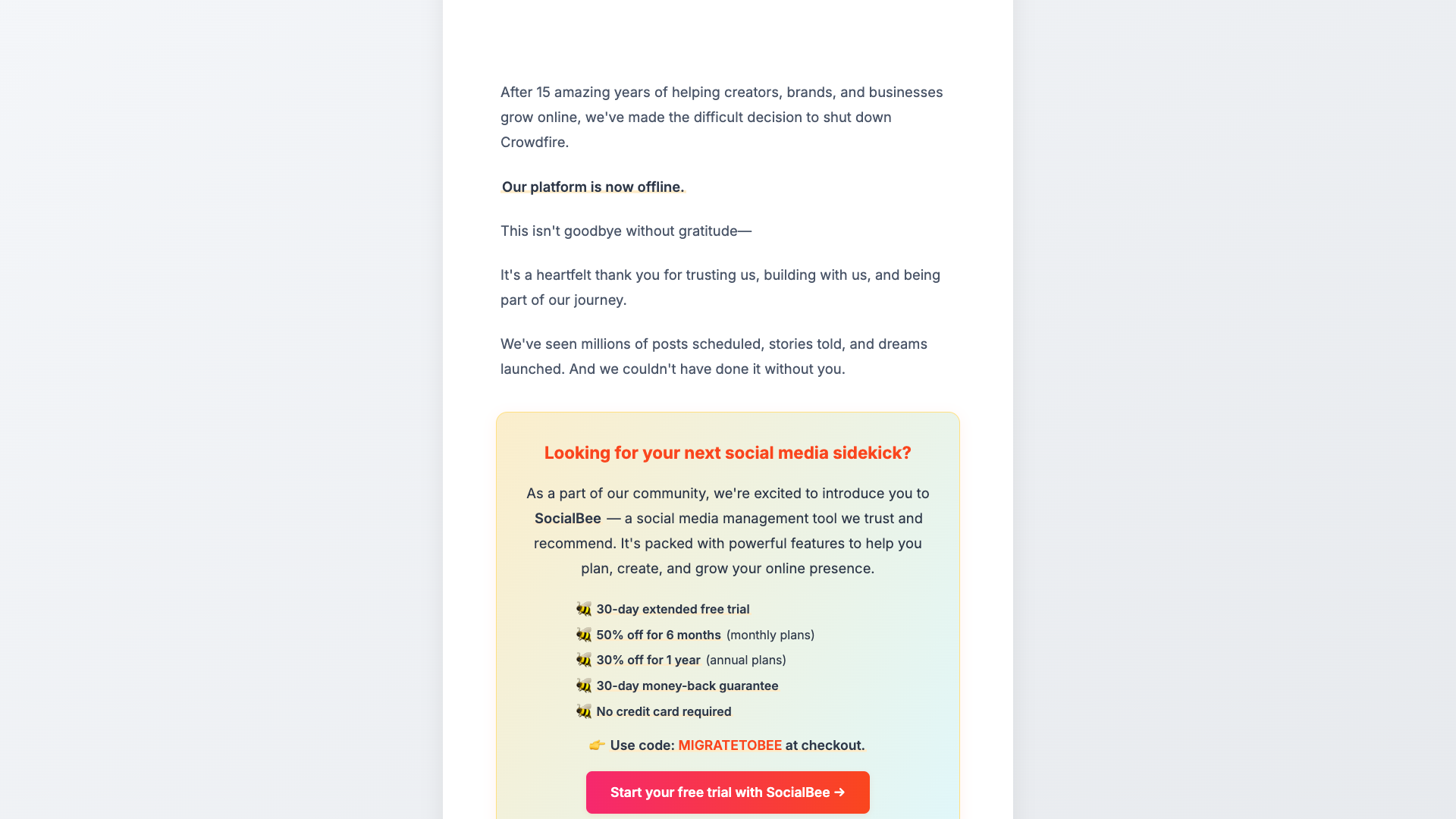 Features section on homepage highlighting Crowdfire's capabilities