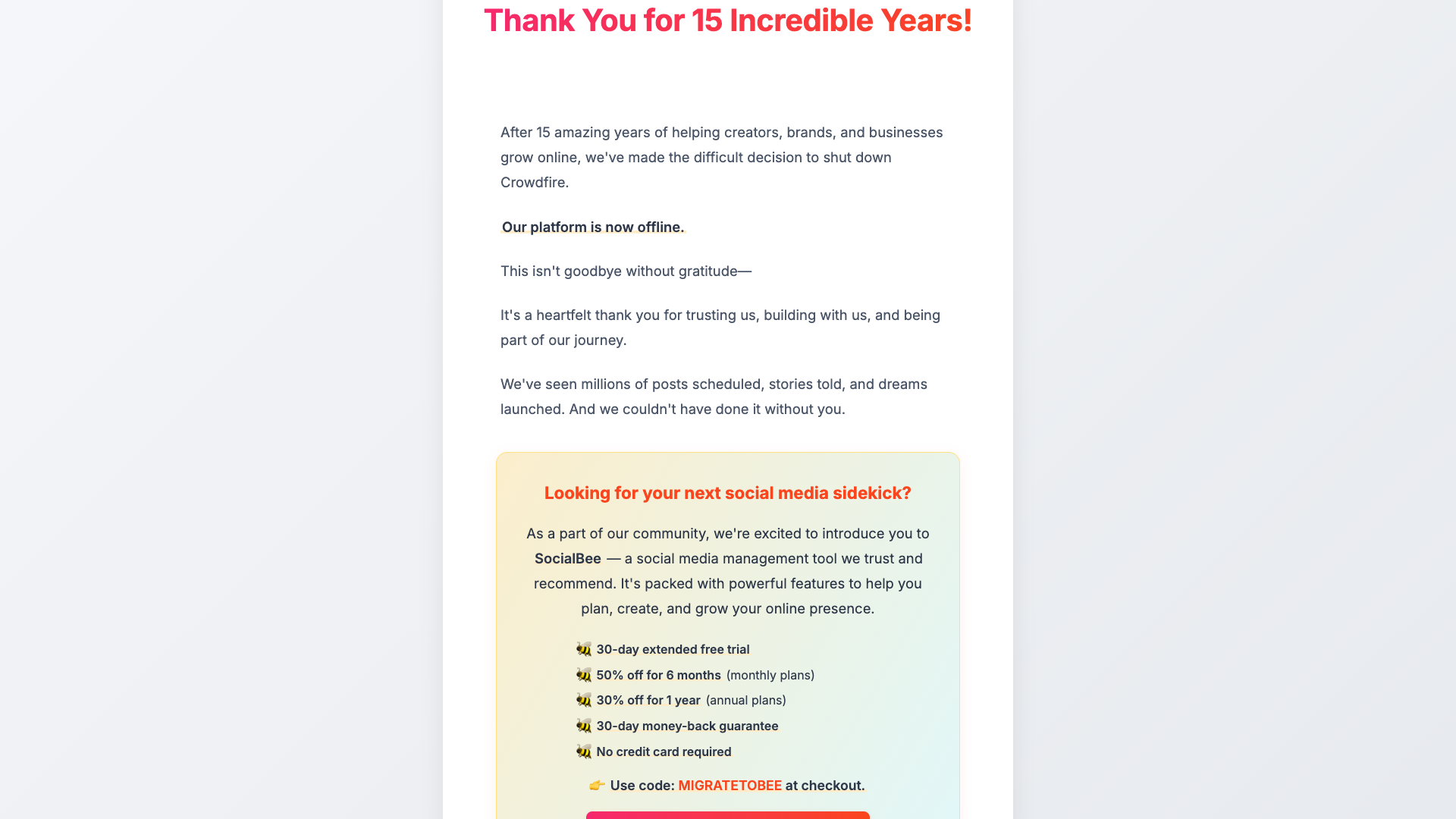 Thank you message indicating the shutdown of Crowdfire after 15 years