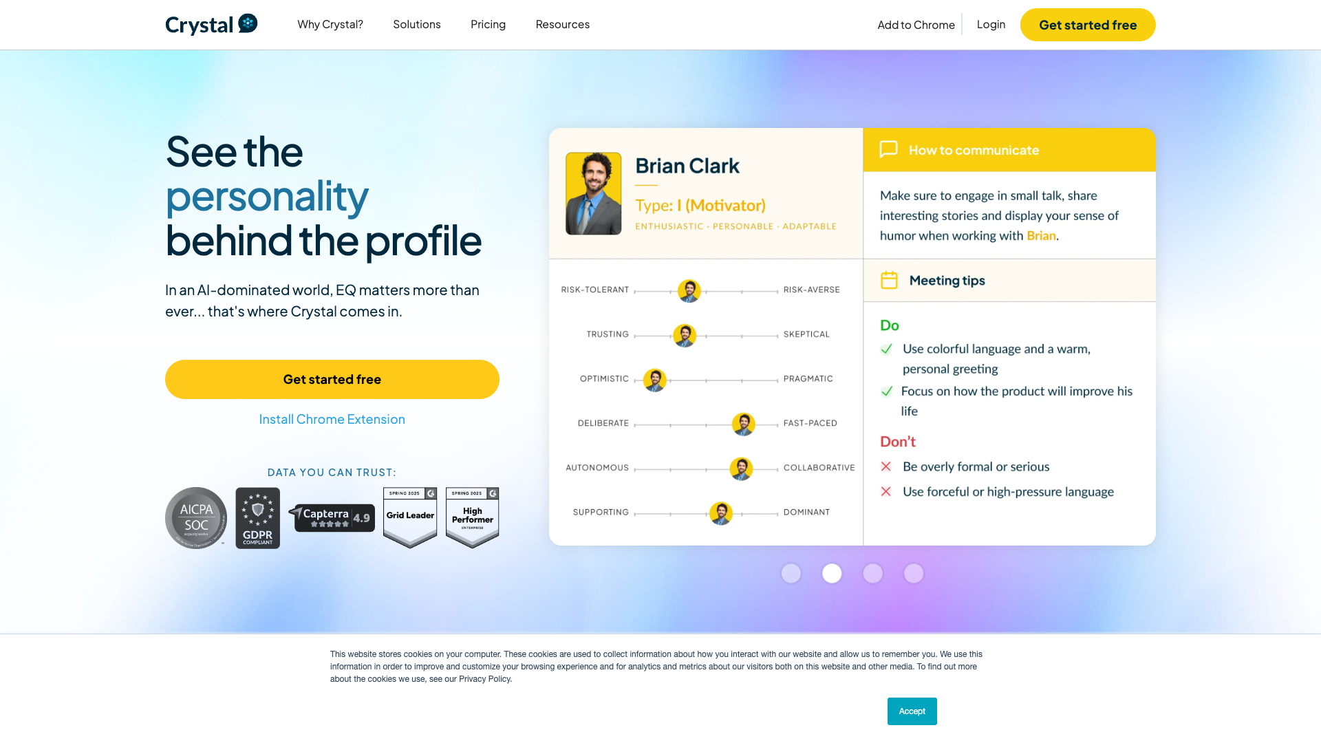 Features section on homepage highlighting personality data platform capabilities