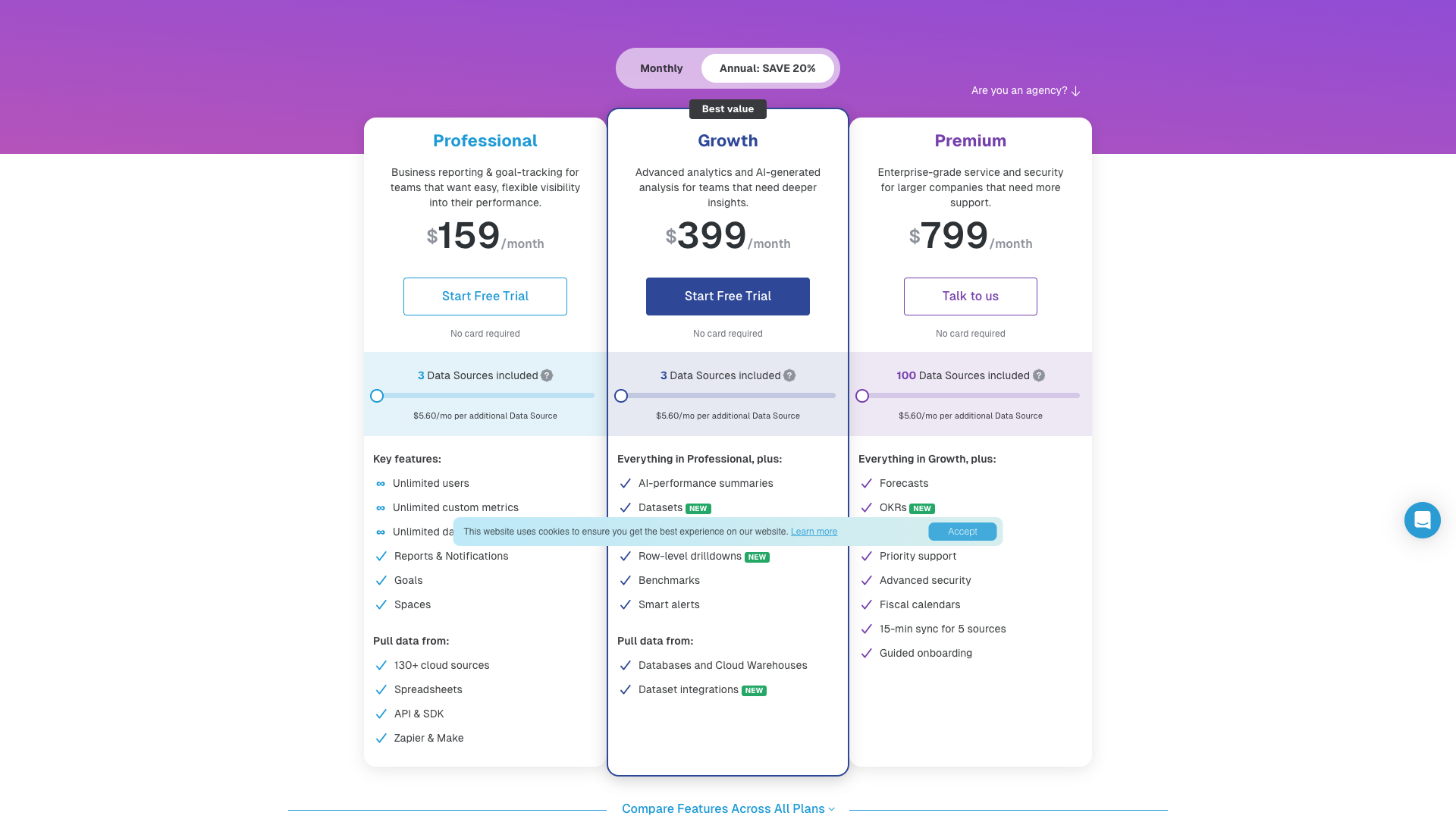 Pricing page showing data-source-based pricing details