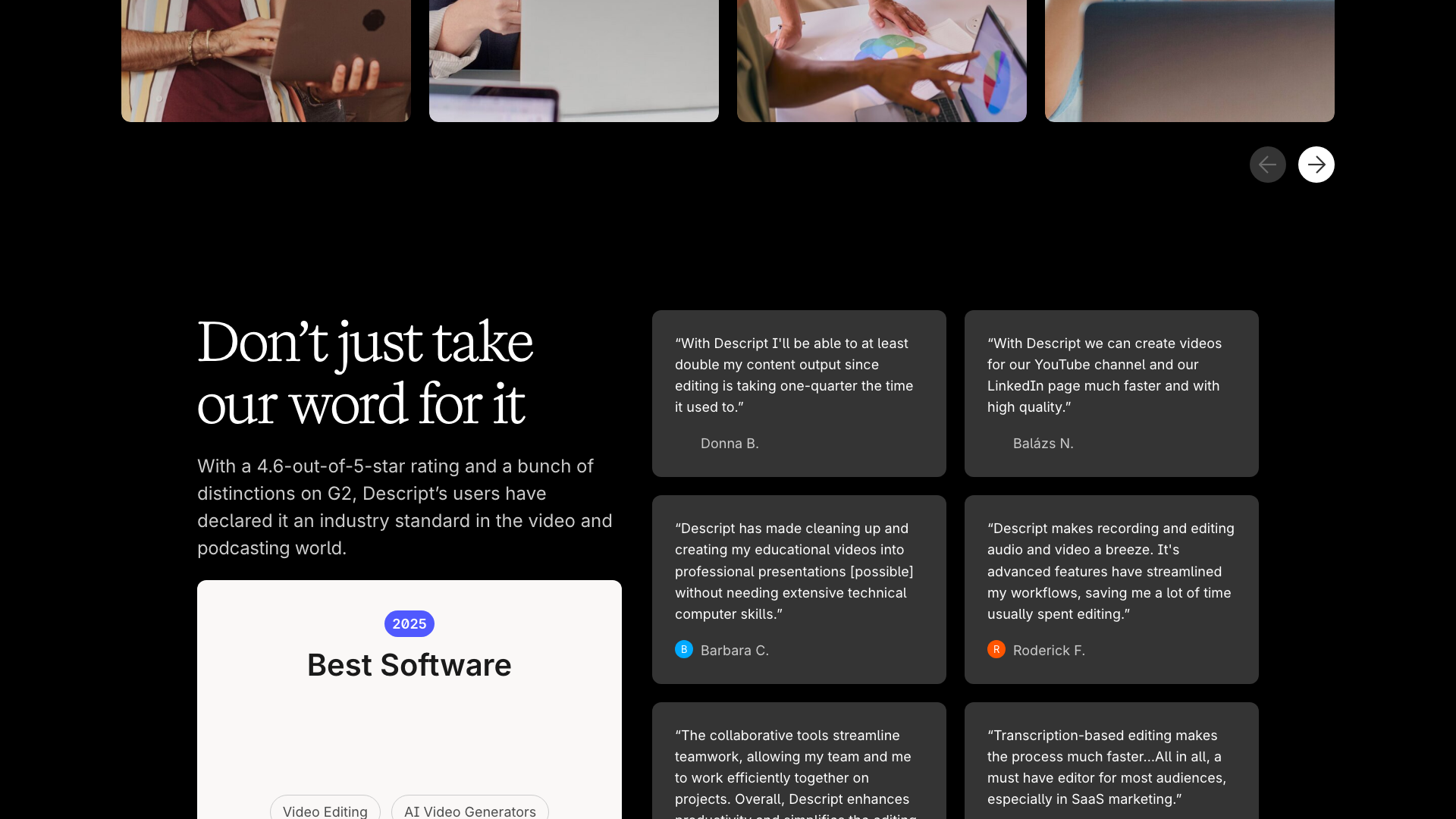 Customer testimonials highlighting speed, ease of use, and productivity gains