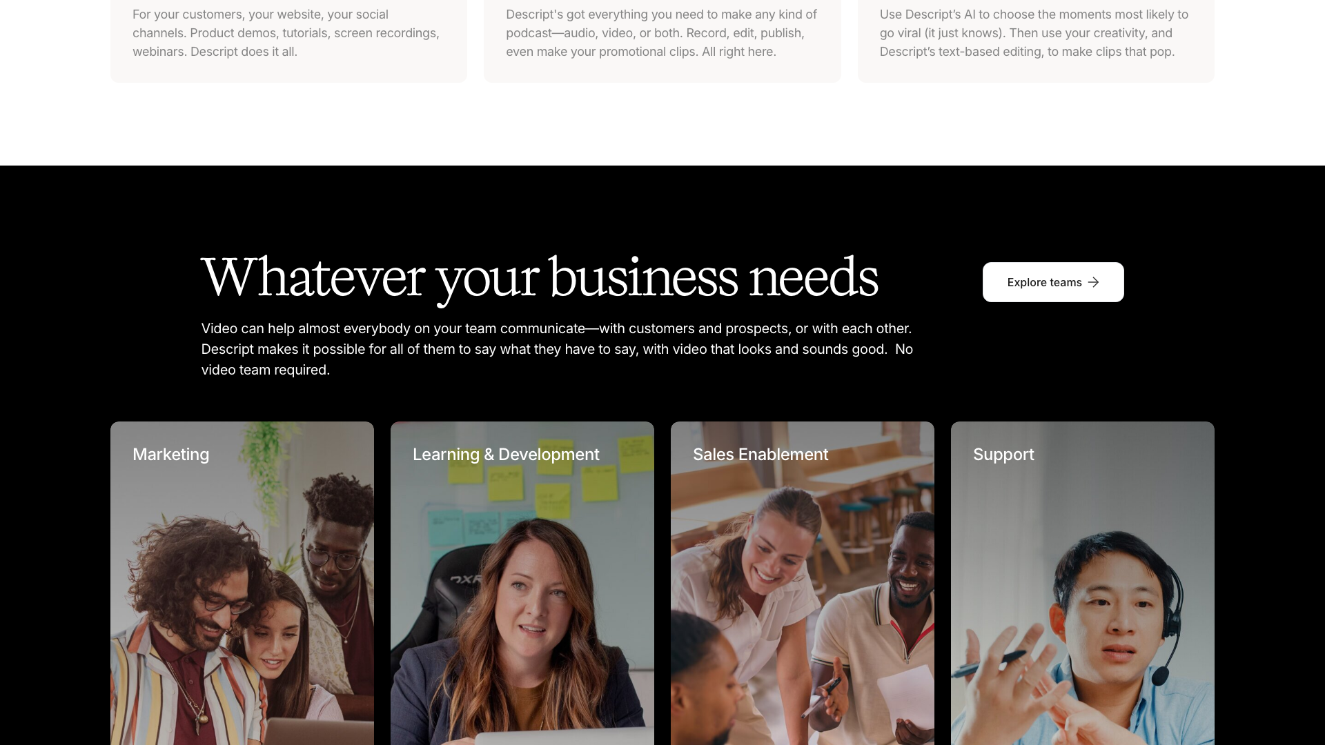 Features section showcasing badges for video editing and AI tools