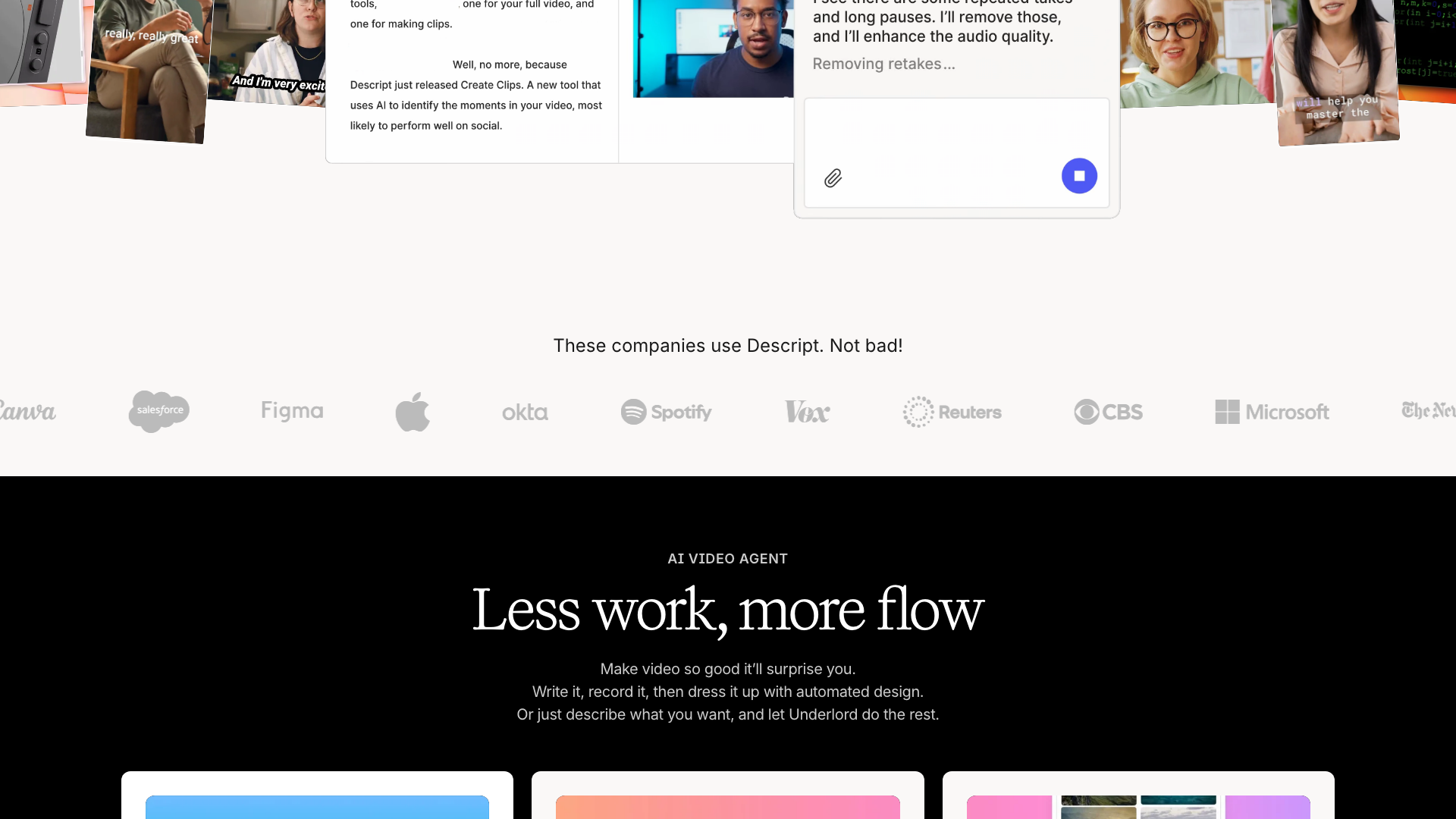 Features section on homepage highlighting AI video and podcast editing capabilities