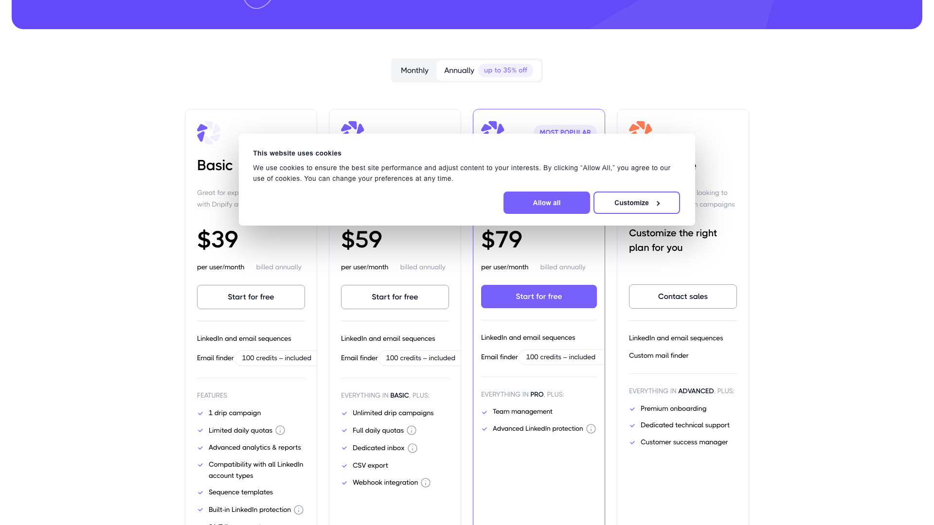Pricing table showing plans for Dripify