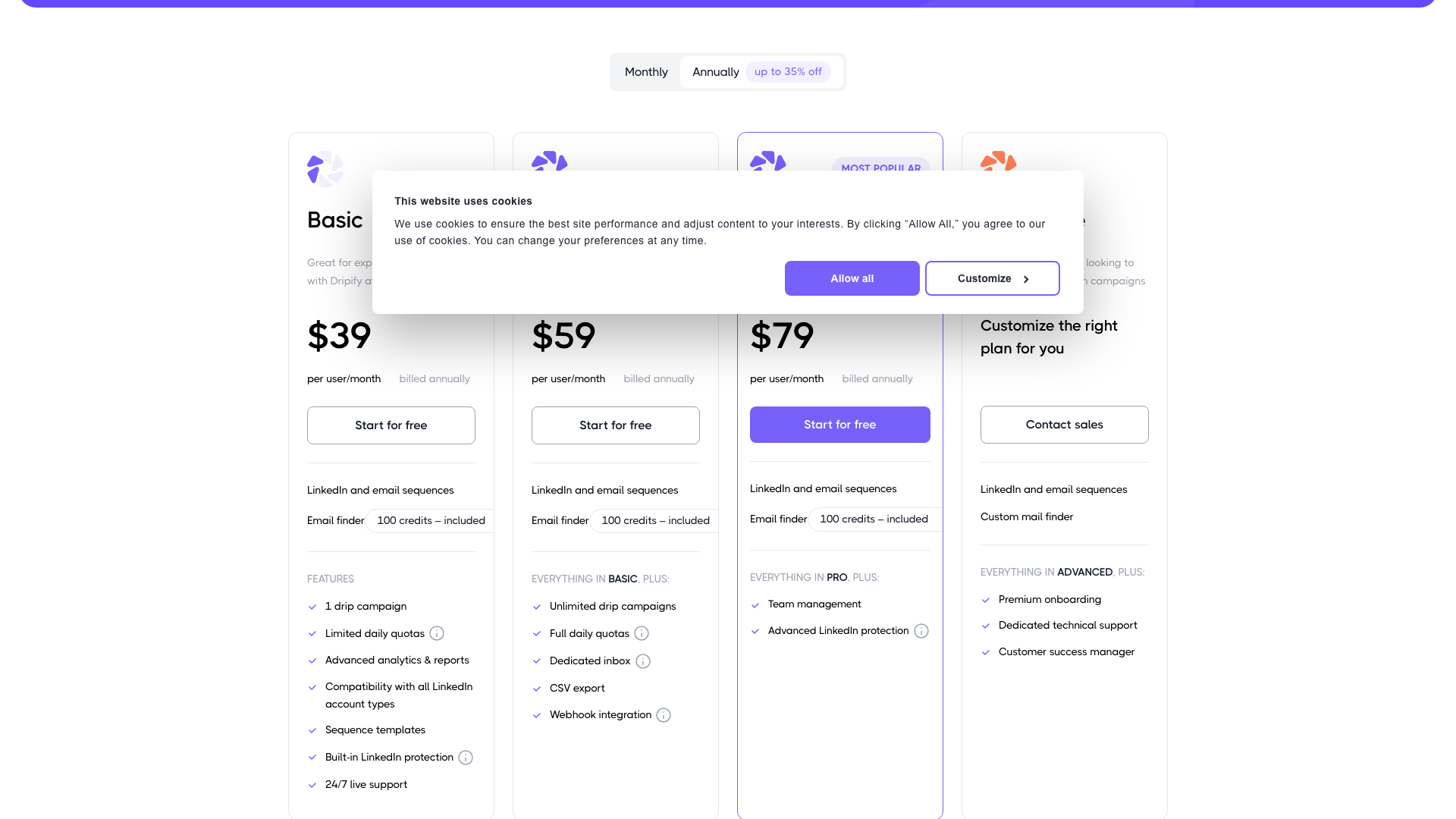 Pricing table showing plans