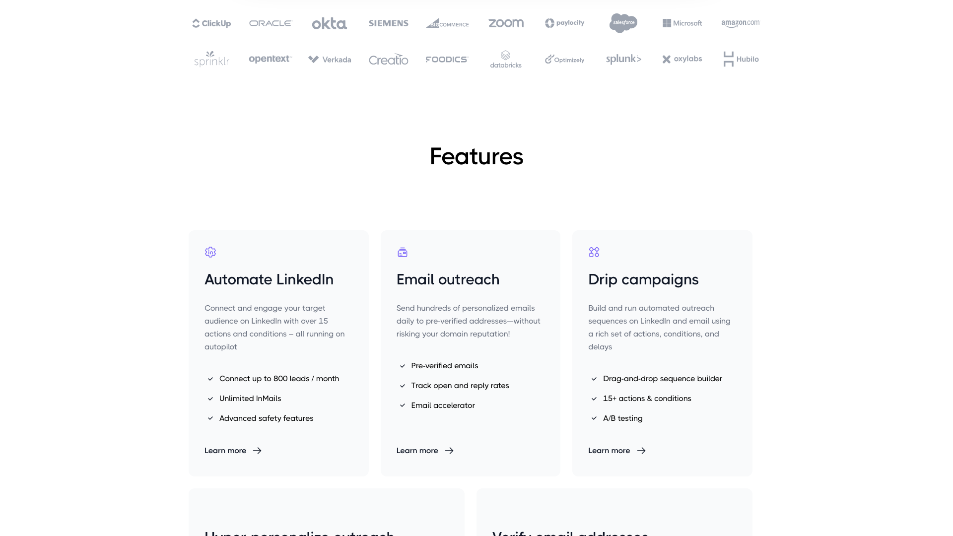 Features of Dripify highlighting LinkedIn and email automation