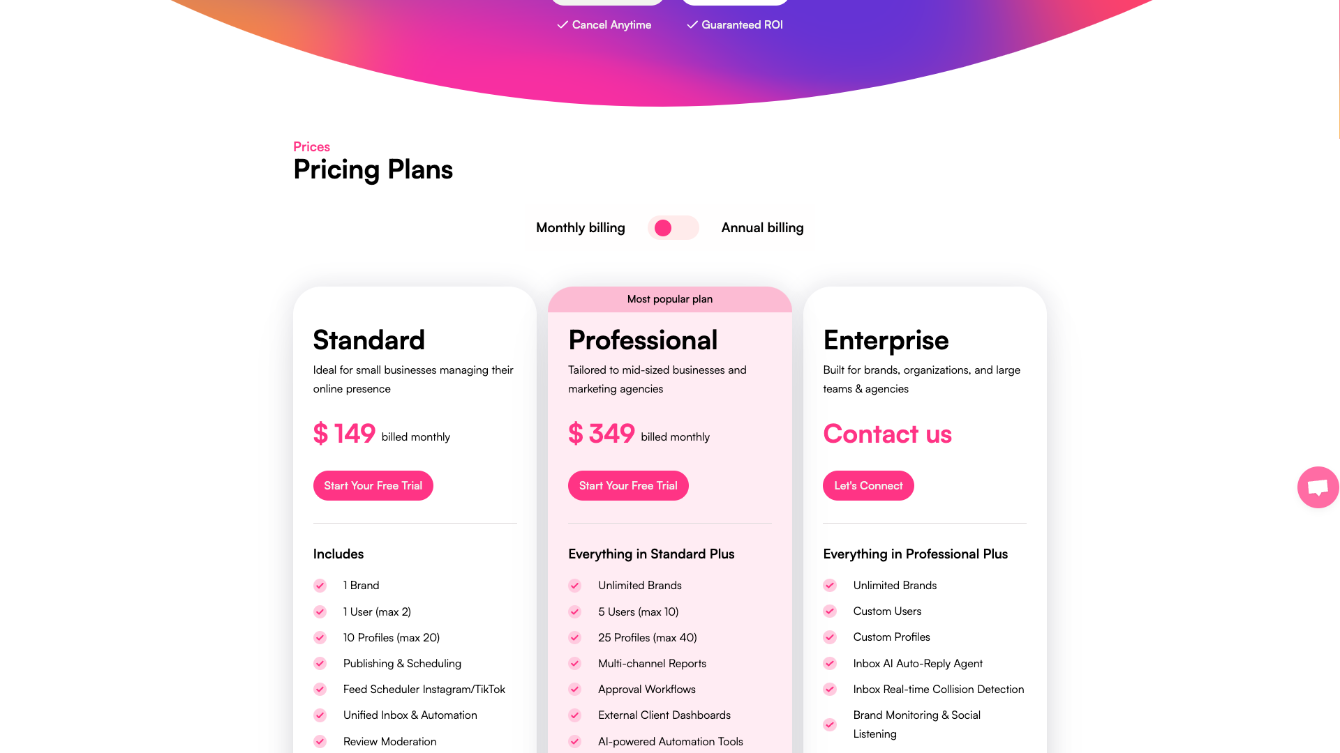 Pricing table showing plans