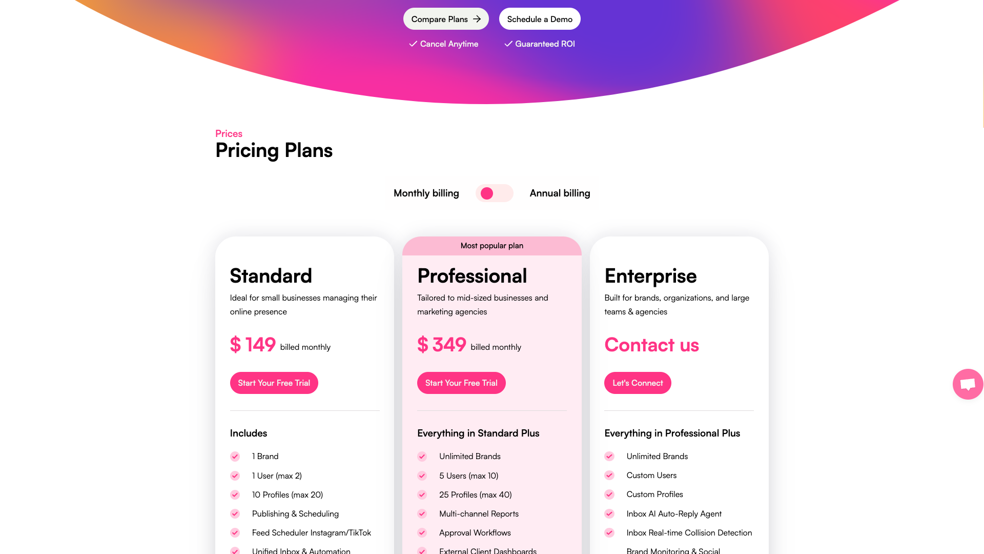 Pricing page showing different plans for eclincher