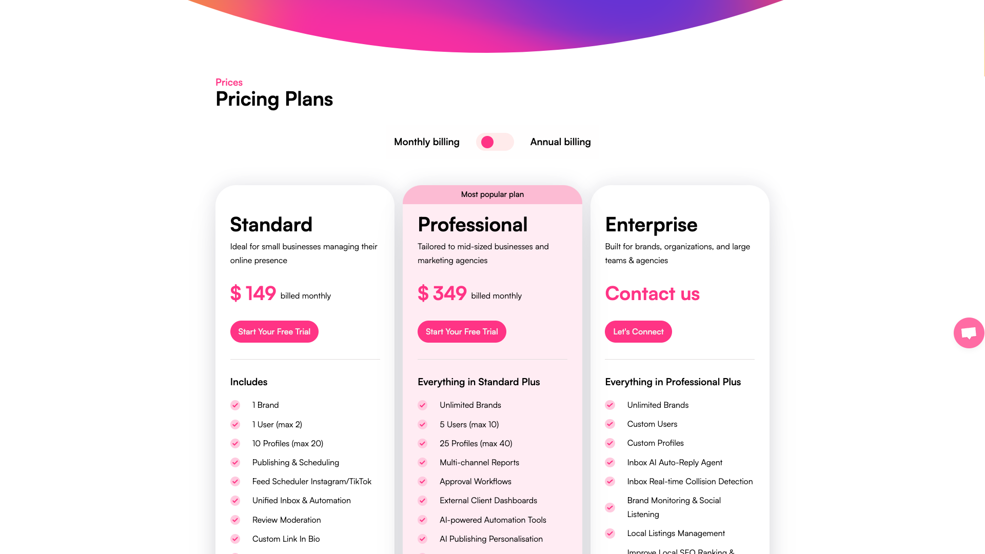 Pricing table showing plans