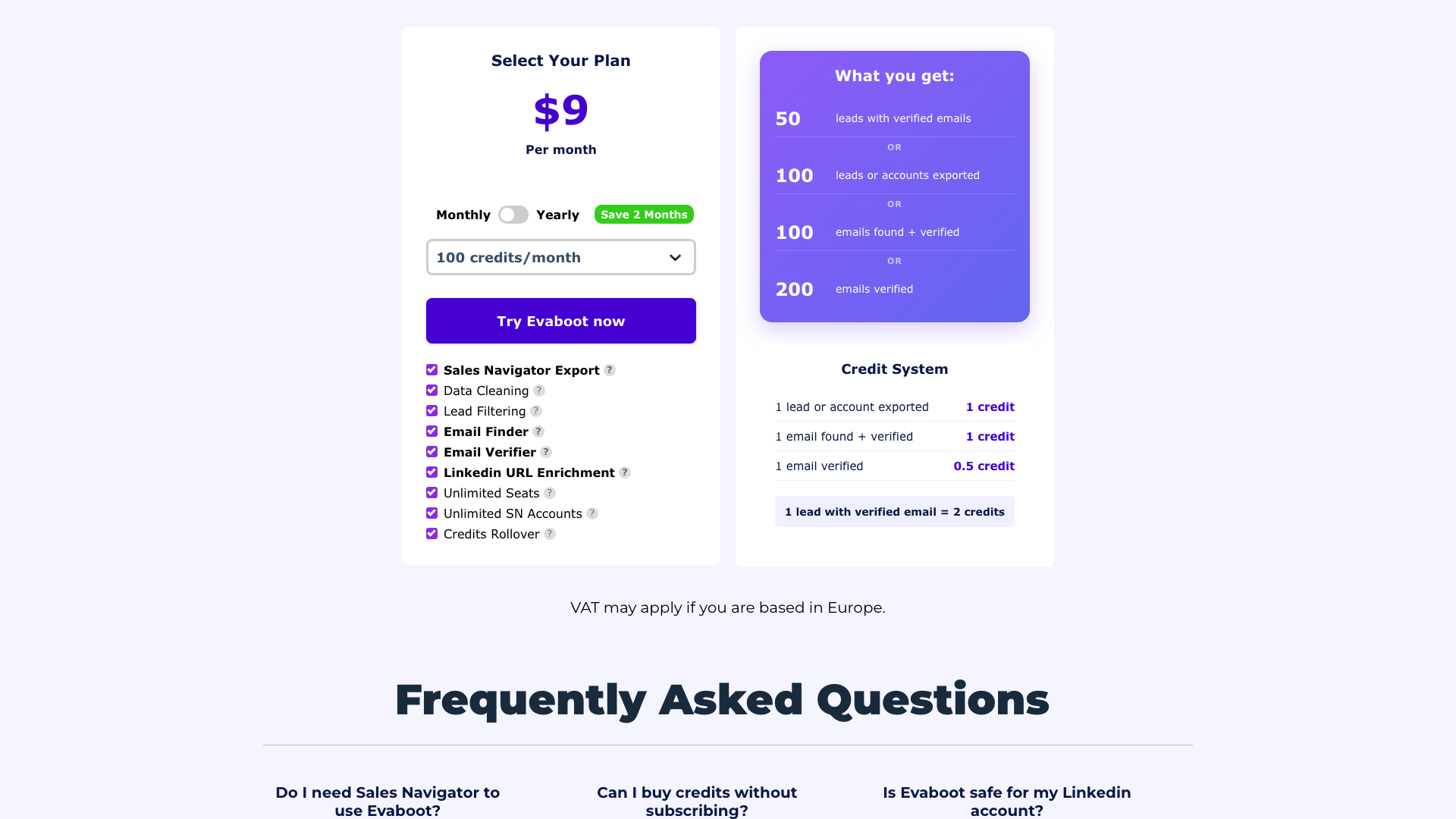Pricing page showing credit-based pricing model