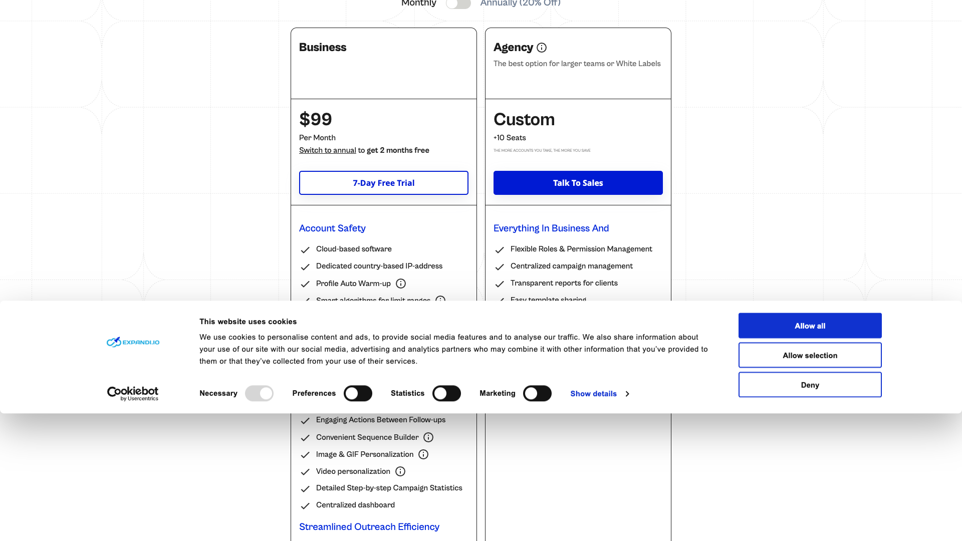 Pricing page detailing subscription options for Expandi