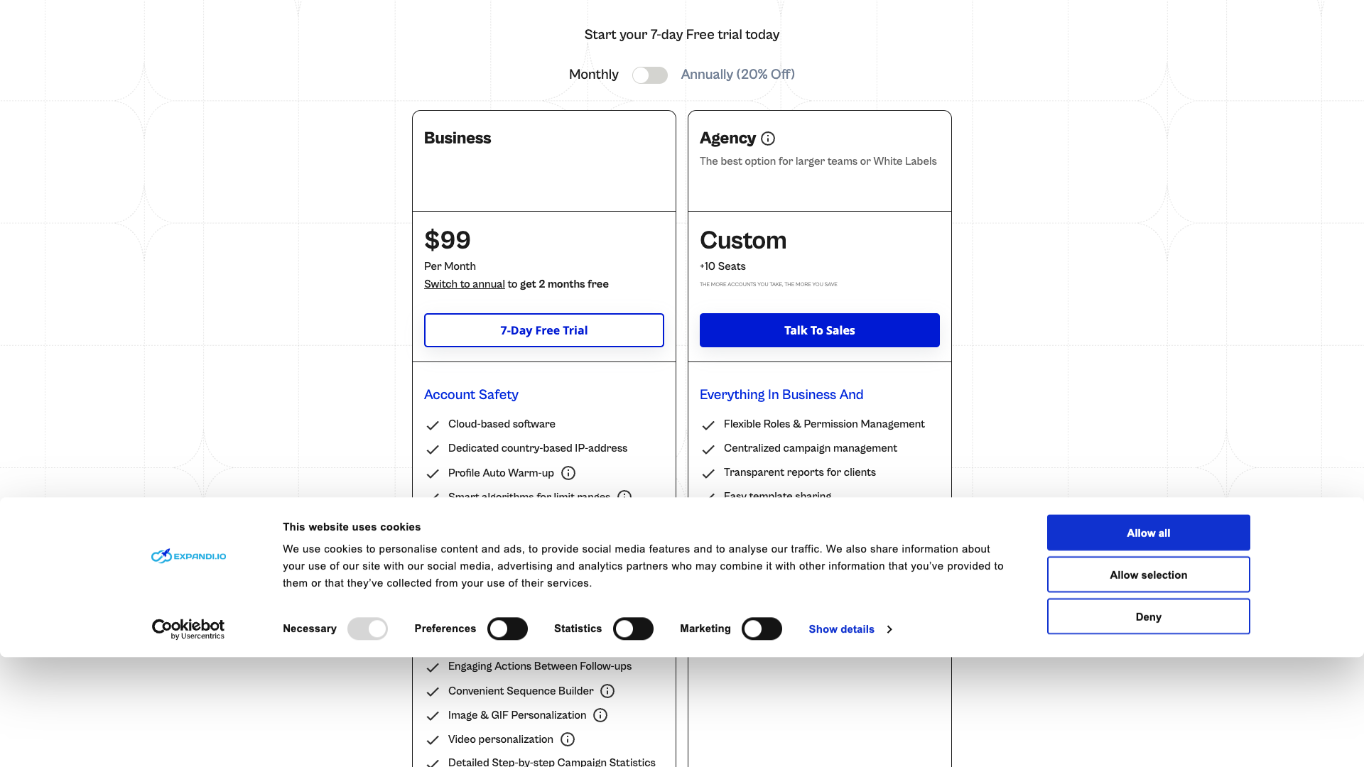 Pricing table showing plans