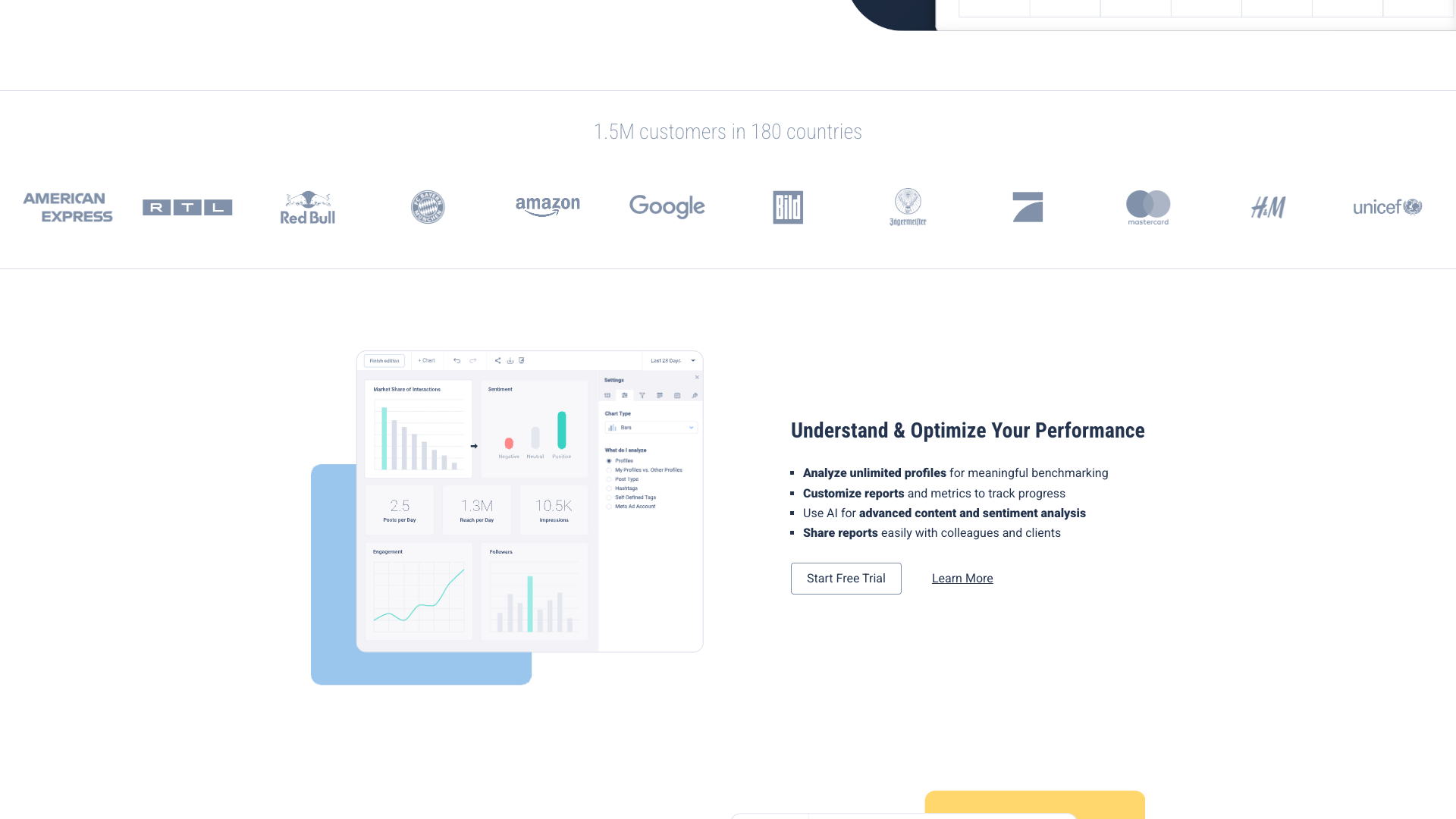 Features section on homepage highlighting analytics and modules