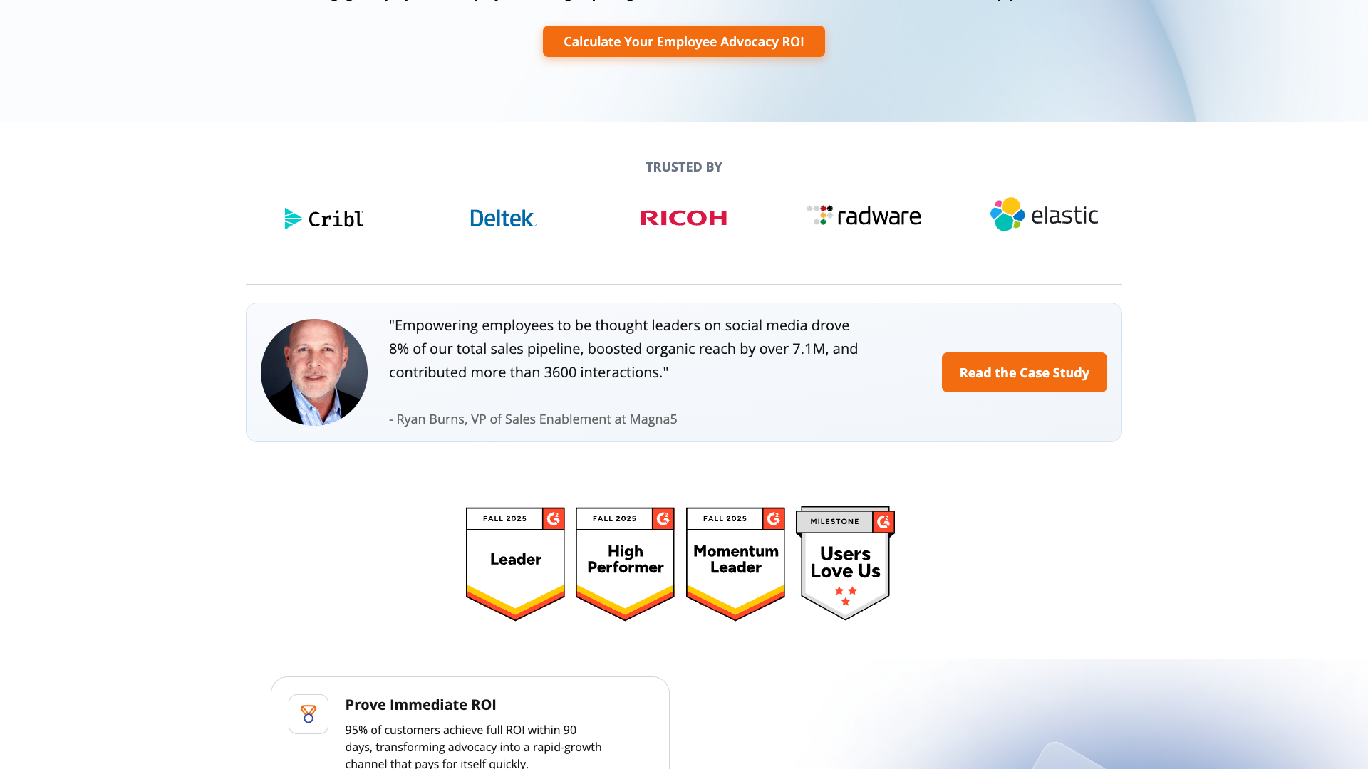 Core value proposition section on homepage emphasizing employee advocacy as a revenue channel
