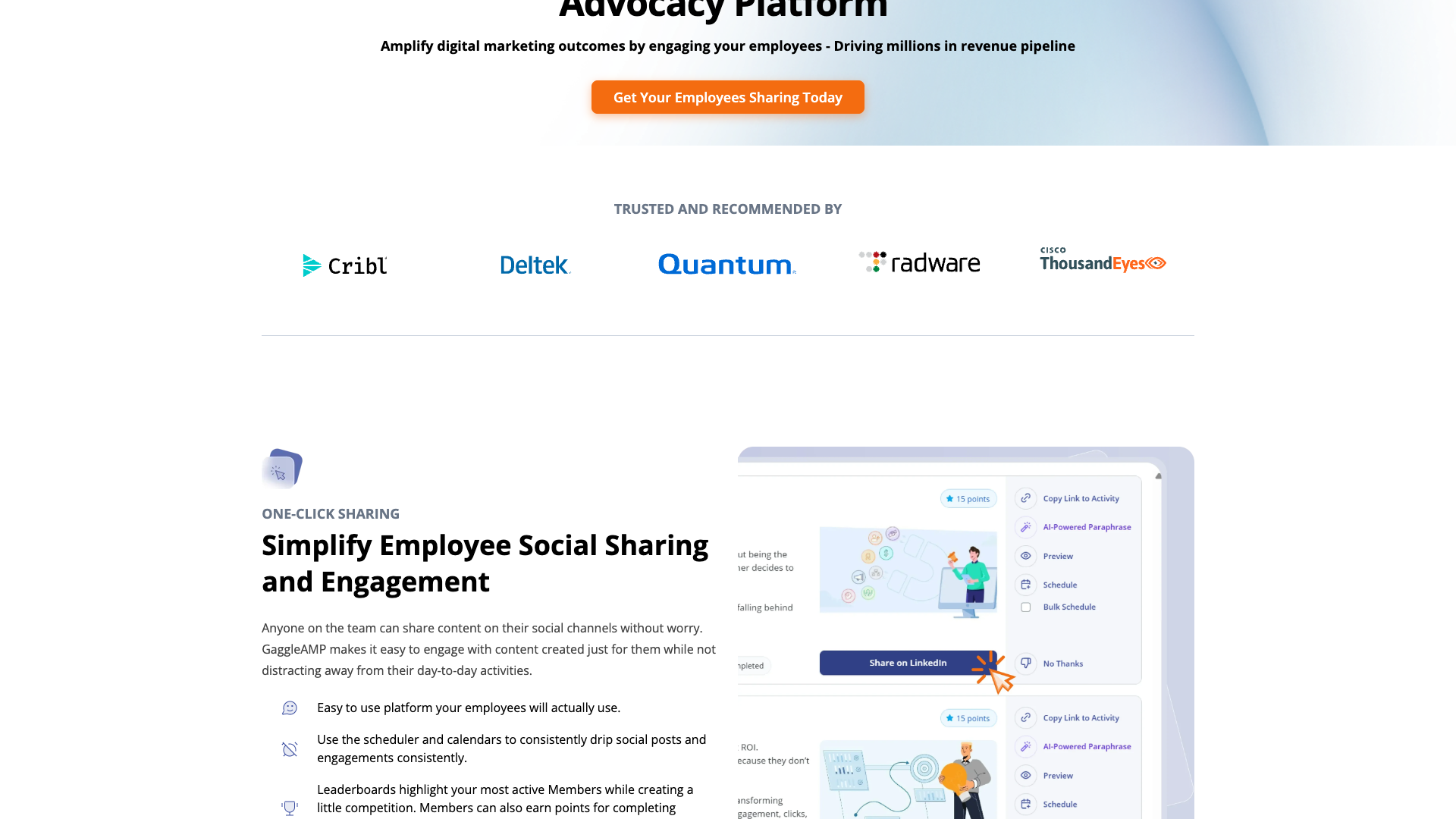 Employee advocacy features page