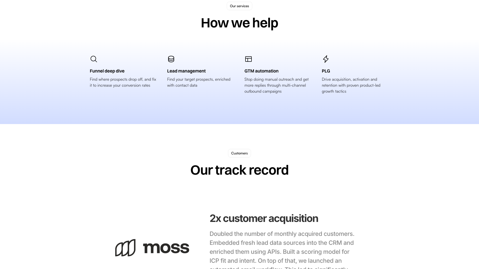 Case-style snippets on homepage showcasing outcomes like '2x customer acquisition' and '+35% signup conversion.'