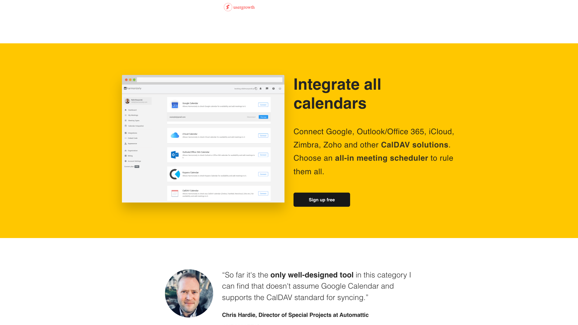 Features section on homepage detailing CalDAV support and design quality