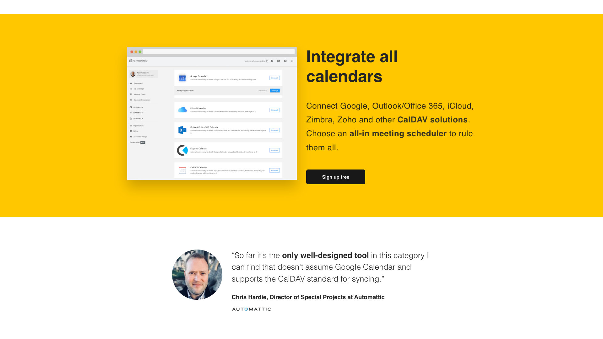 Features section on homepage highlighting CalDAV support and integrations