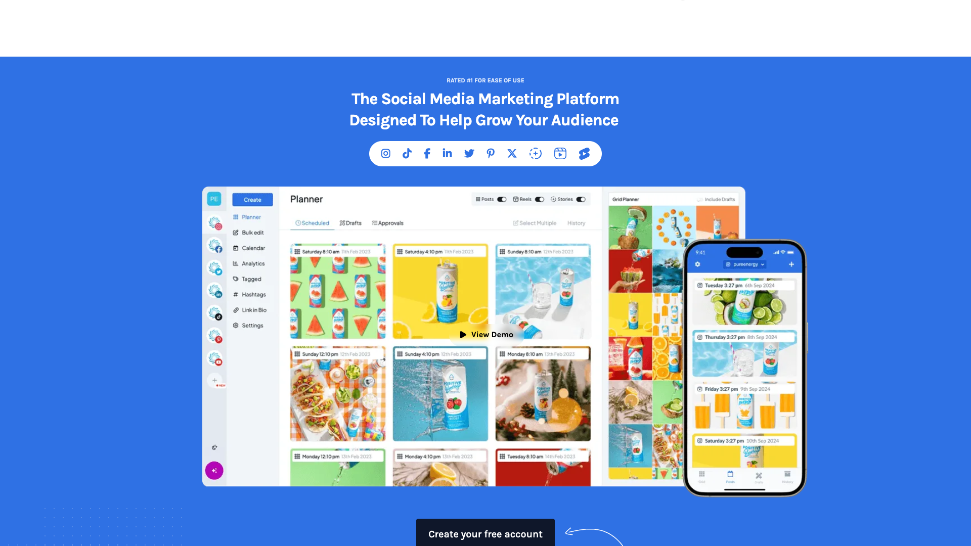 Features section on homepage showcasing social media scheduling and analytics tools
