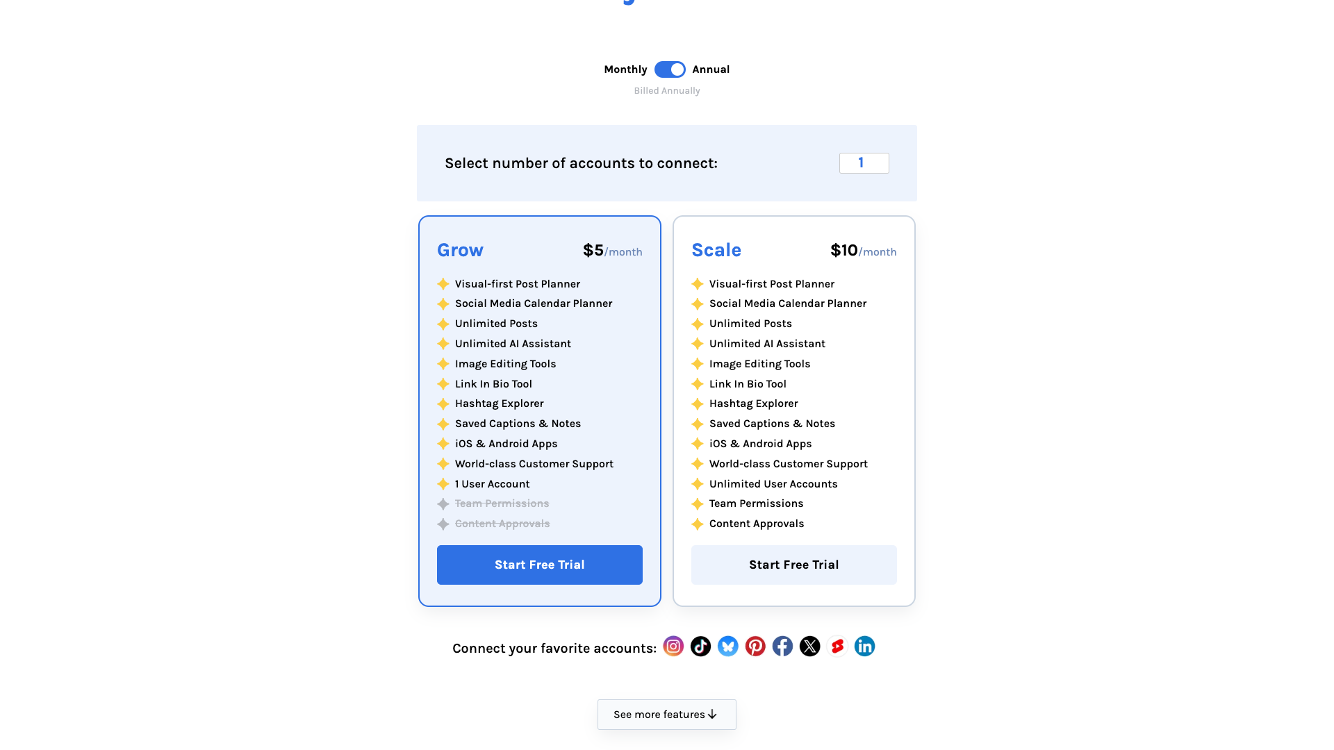 Pricing page showing Grow and Scale plans with dynamic pricing selector