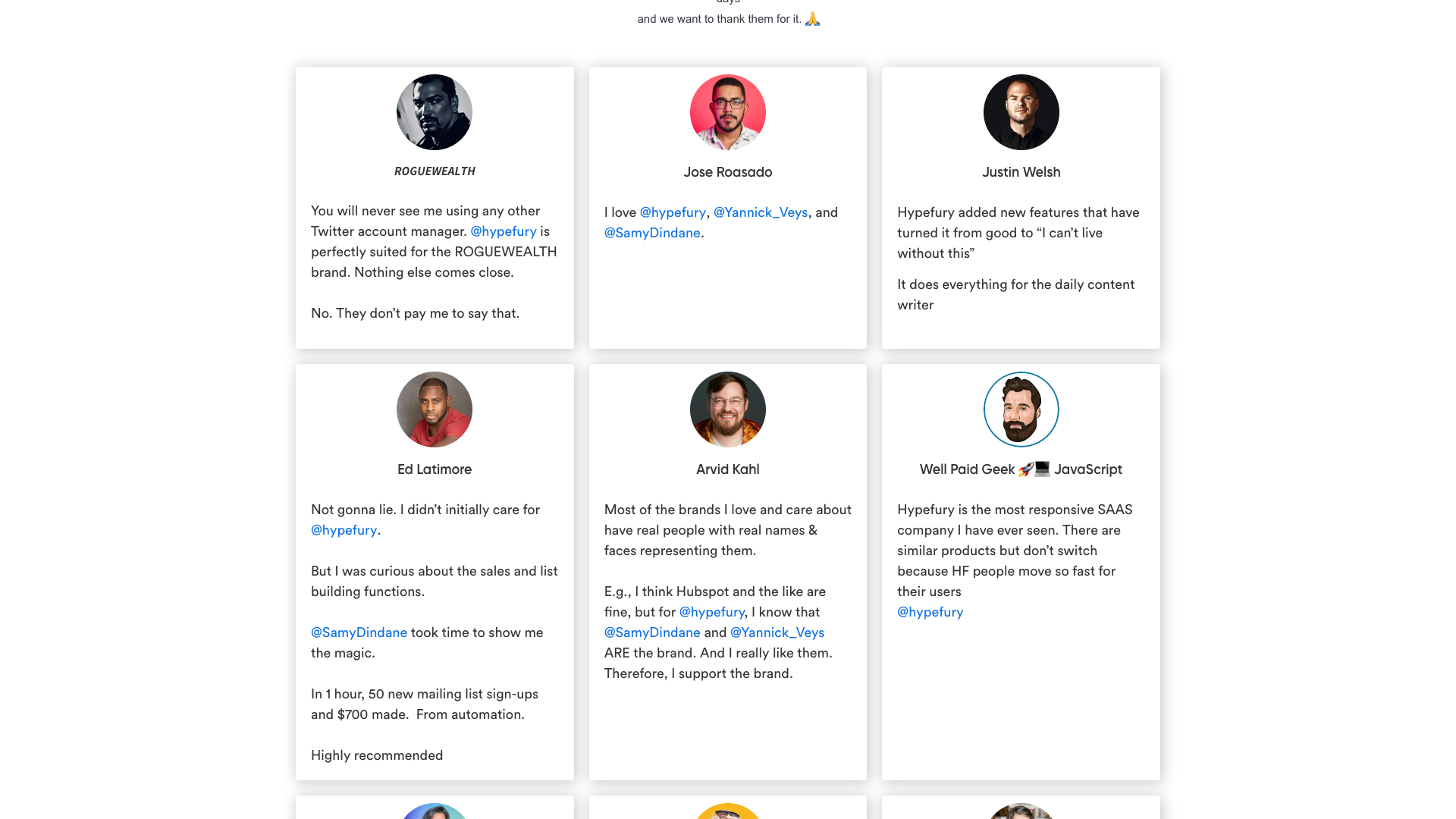 Supporters page showcasing testimonials from well-known creators