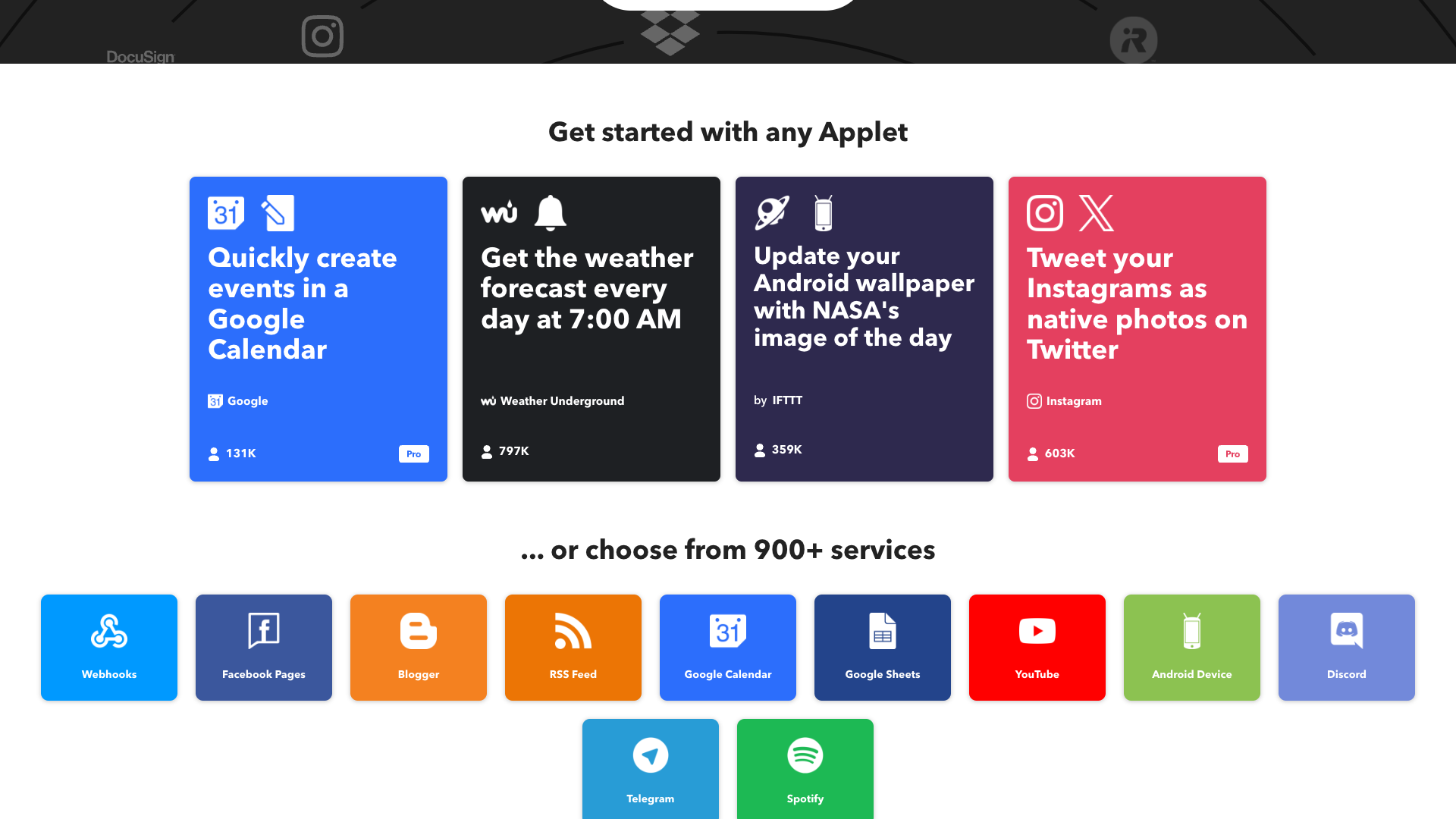 Homepage section detailing the features and integrations of IFTTT
