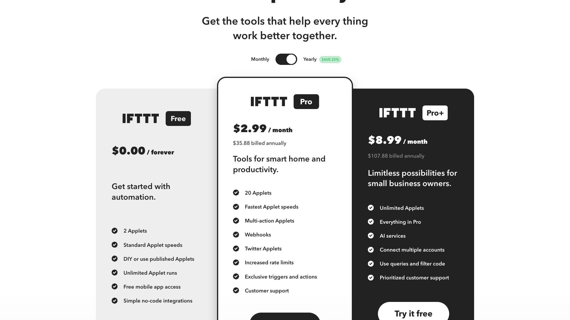 Plans page detailing different subscription options