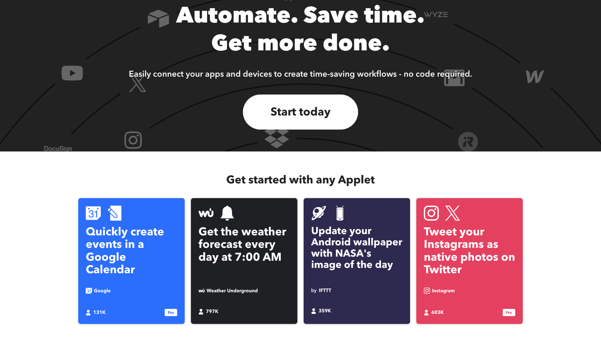 Features section on homepage highlighting automation for business and home