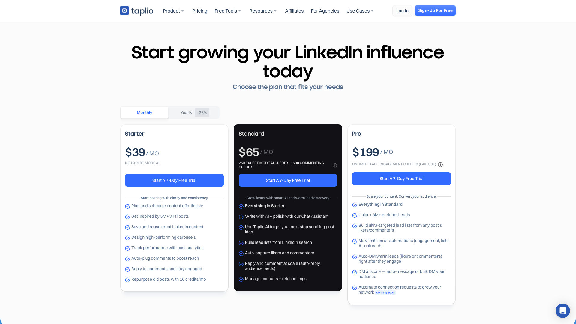 Pricing page showing details about Inlytics plans