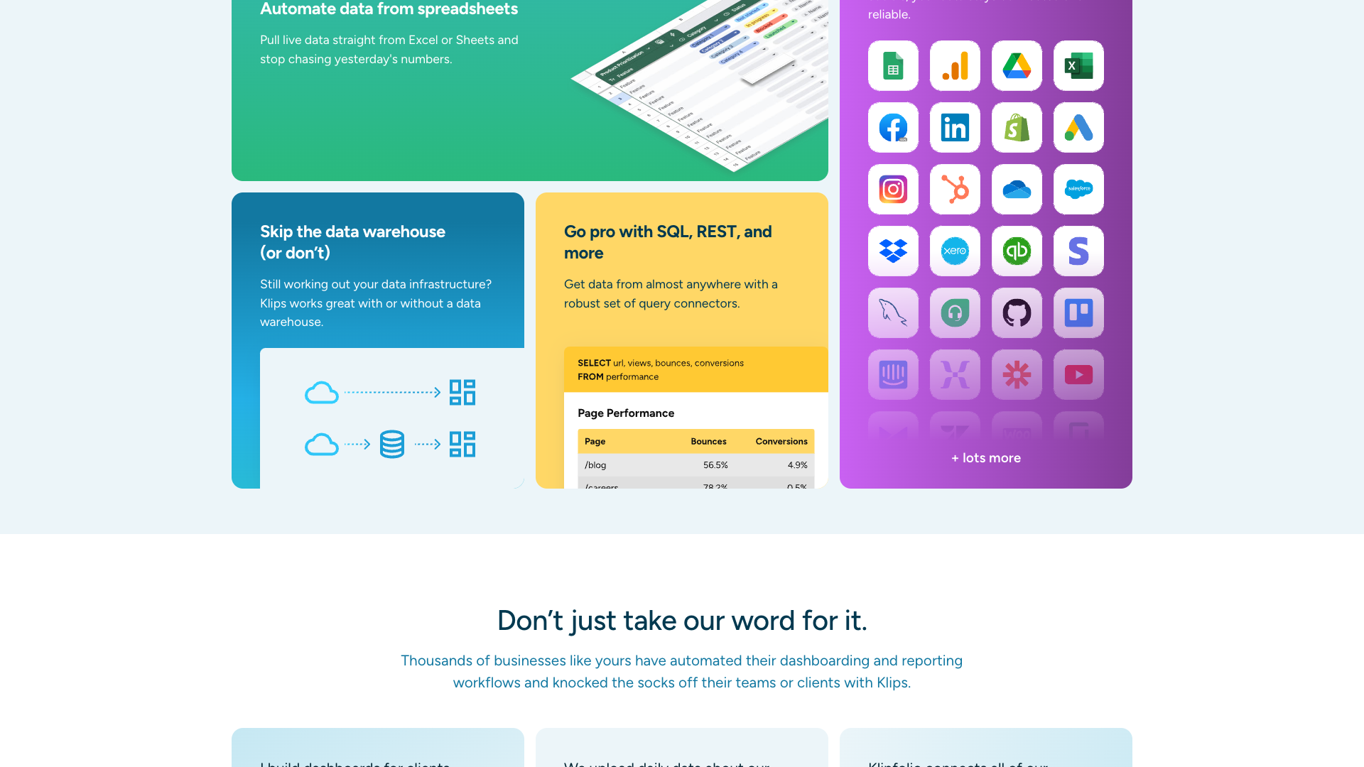 Features section on homepage highlighting Klipfolio Klips capabilities