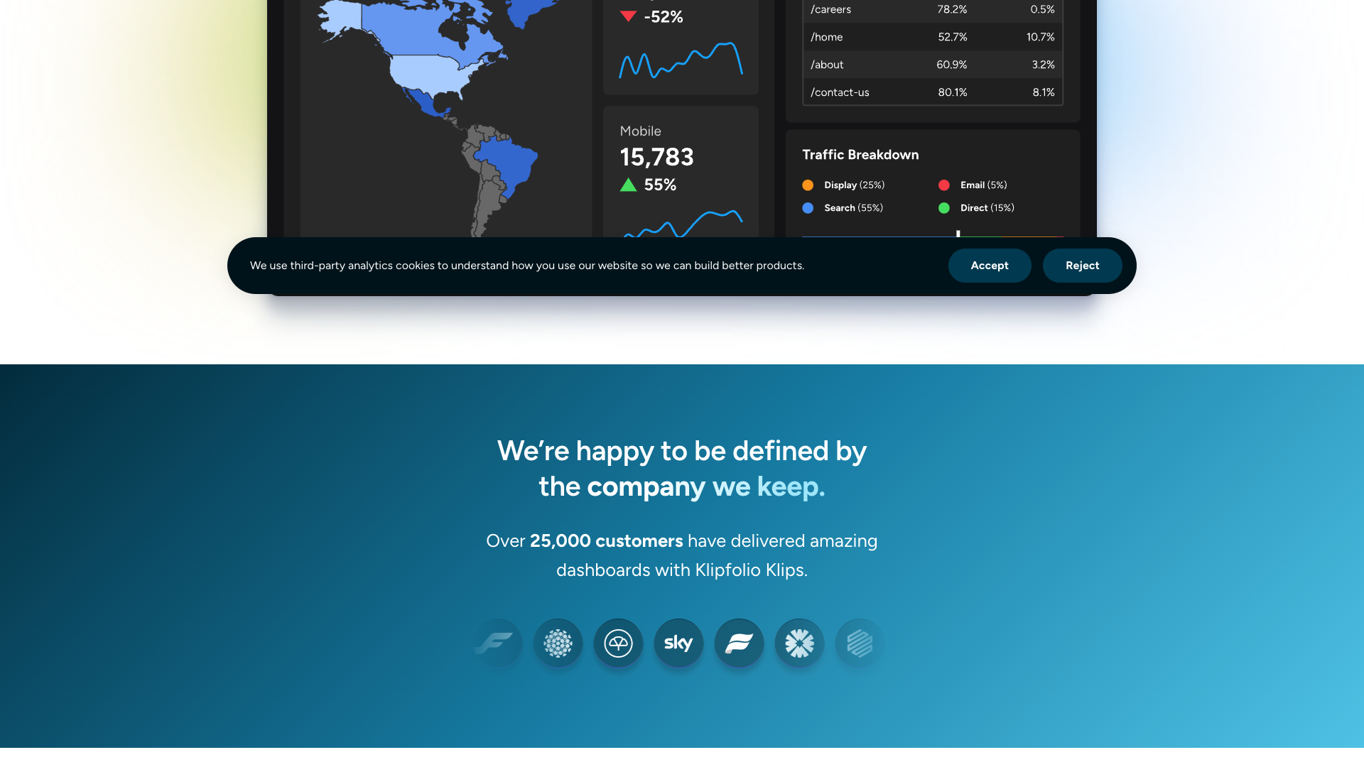 Features section on homepage highlighting Klipfolio Klips