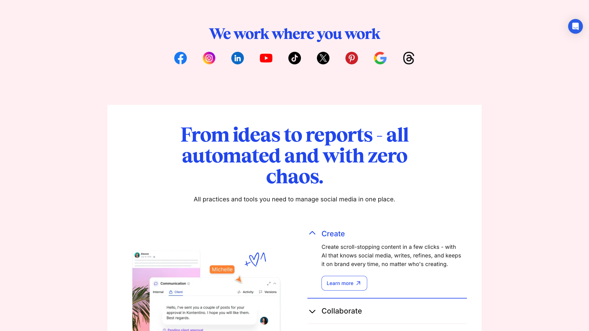 Features section on homepage highlighting Create, Collaborate, Schedule, Report, and Localize pillars