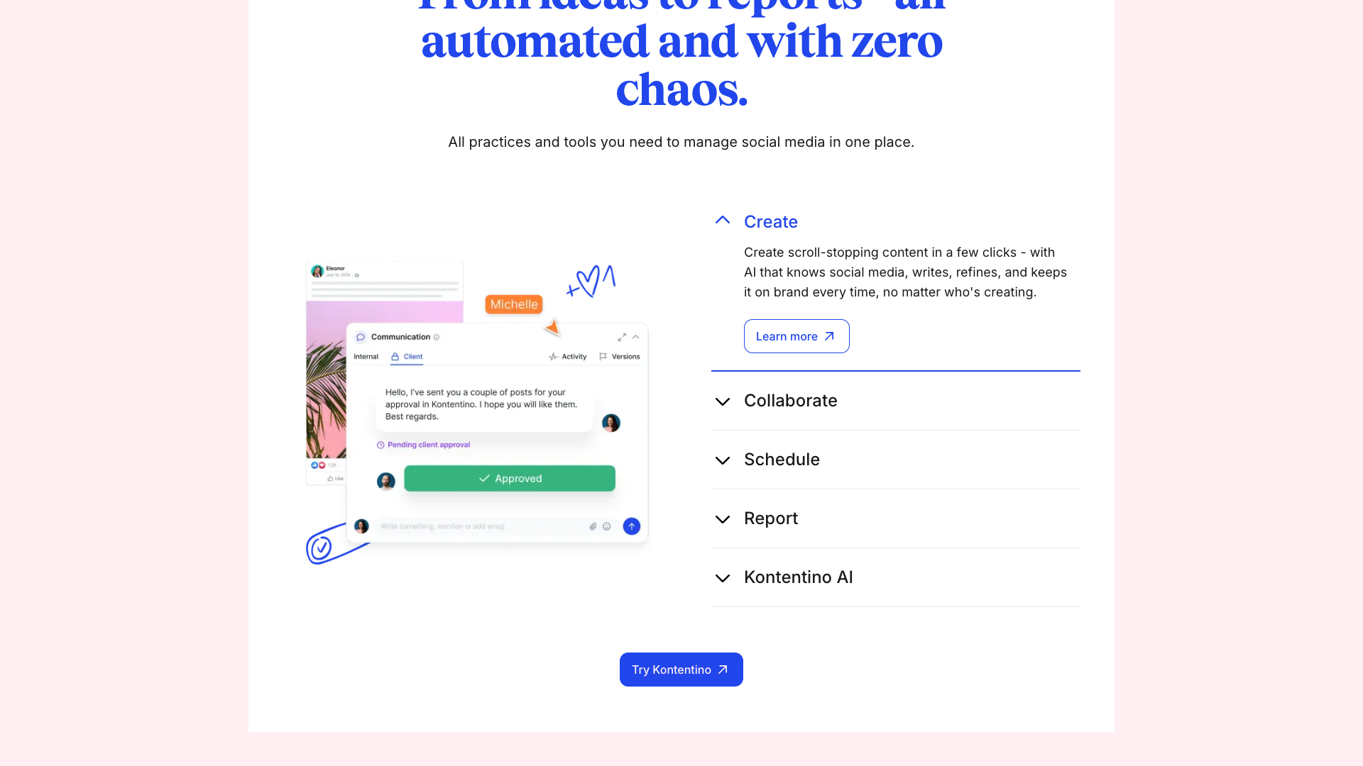 Collaboration features section showcasing user roles and approval processes