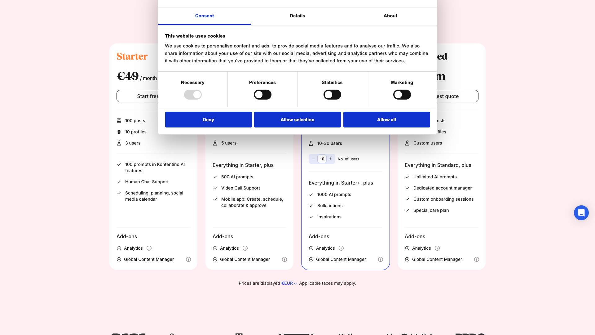 Pricing page showing subscription options and details