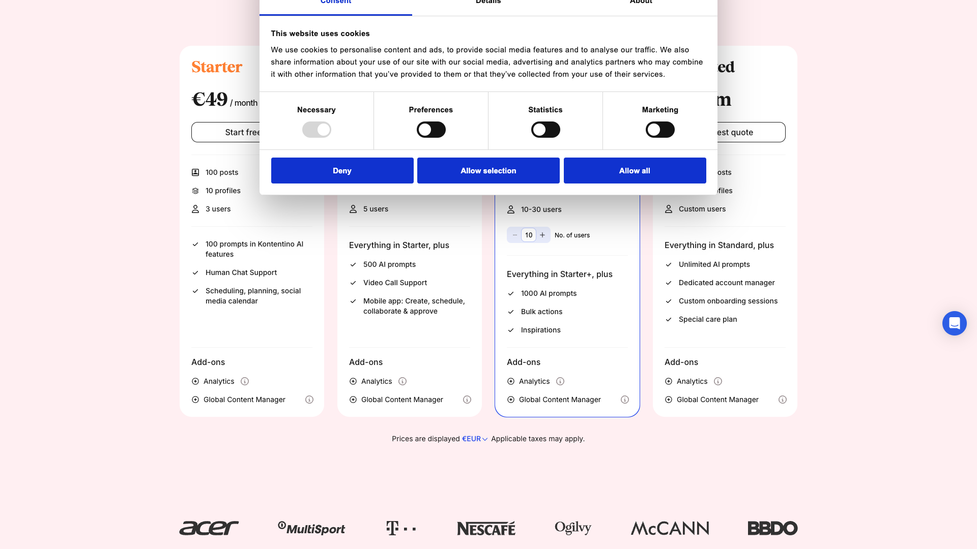 Pricing table showing plans