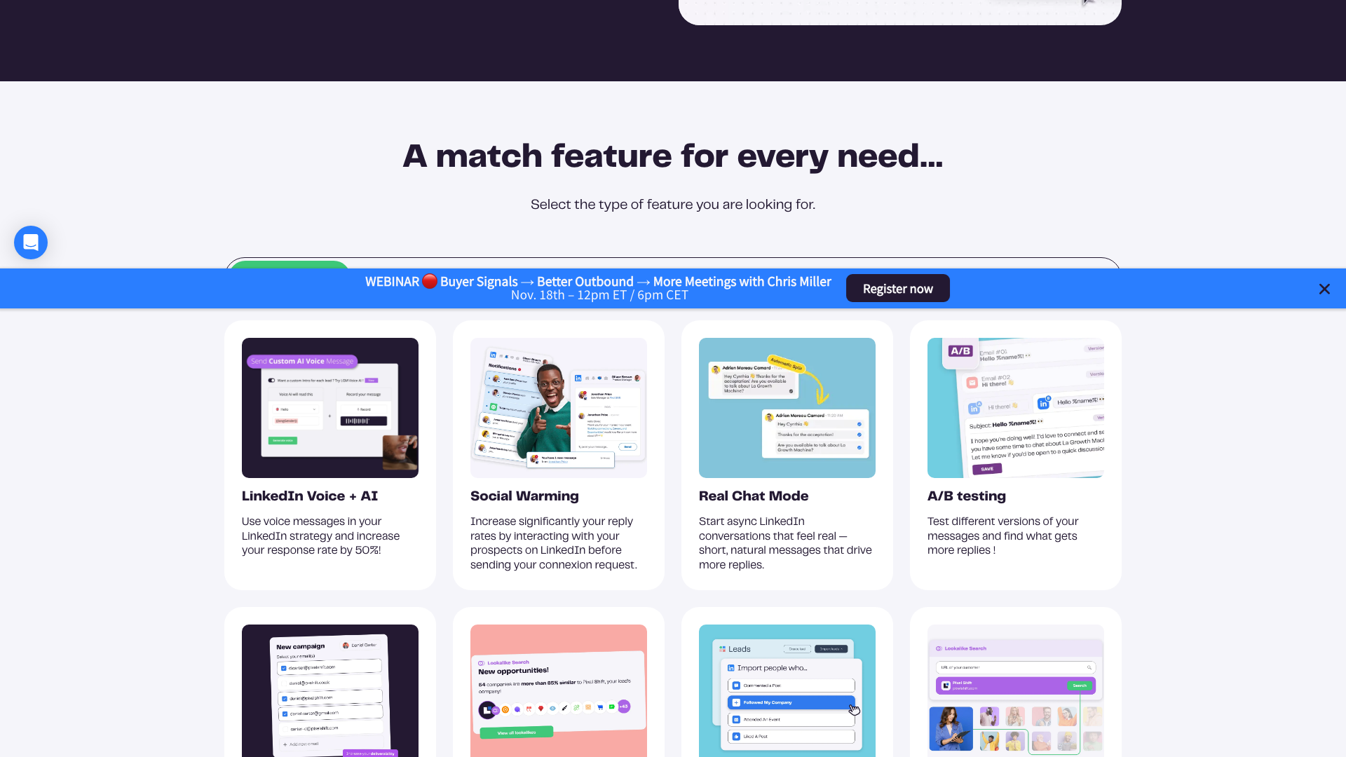 Features page highlighting key functionalities of the platform