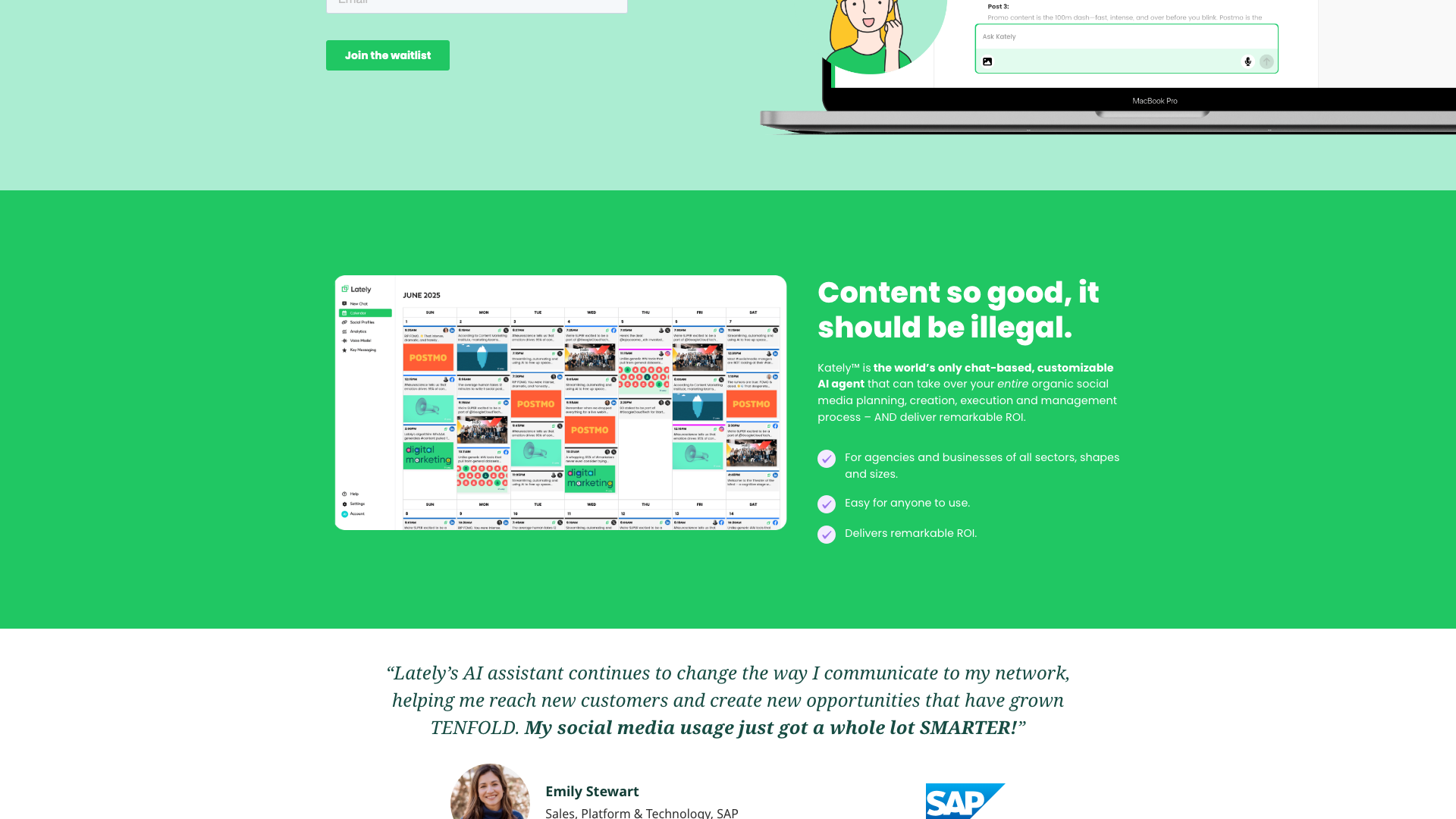 Features section on the homepage outlining Lately's capabilities