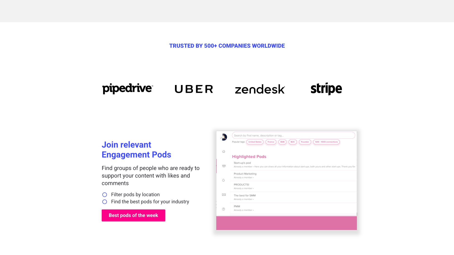 Features section on homepage highlighting engagement pods and AI-generated comments