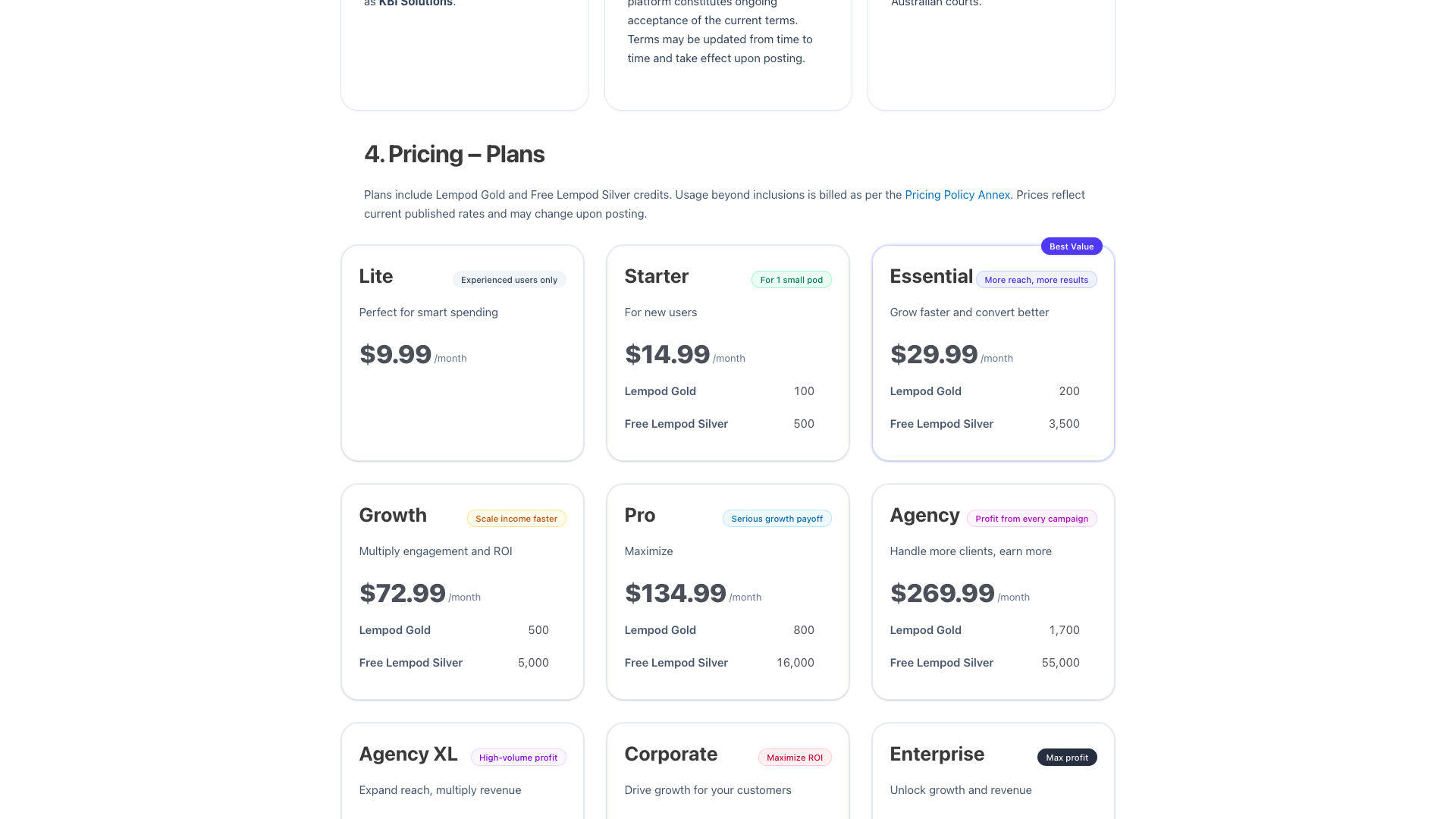 Pricing page detailing the Gold/Silver credit model and add-on fees